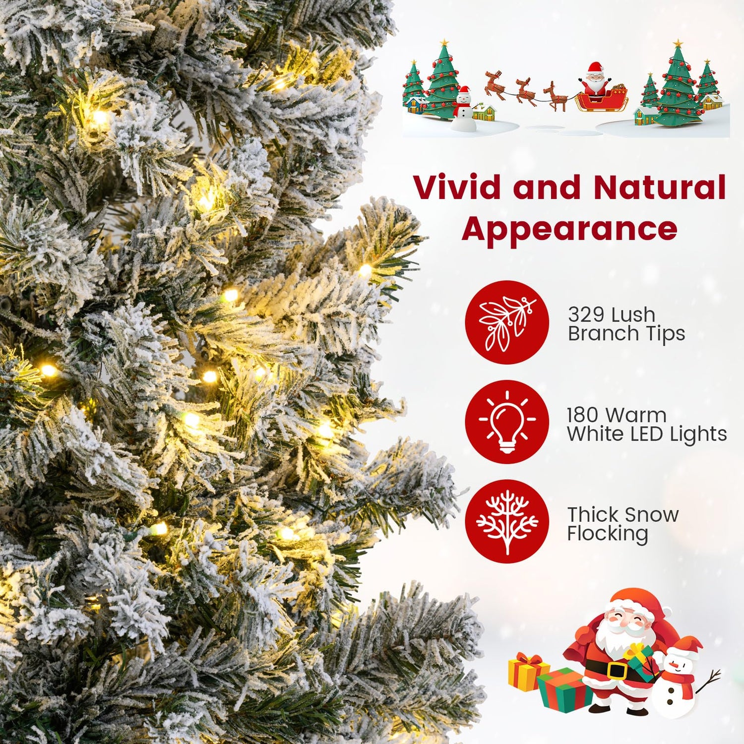 5ft Pre-lit Snow Flocked Christmas Tree, Hinged Artificial Slim Pencil Xmas Tree with Lights