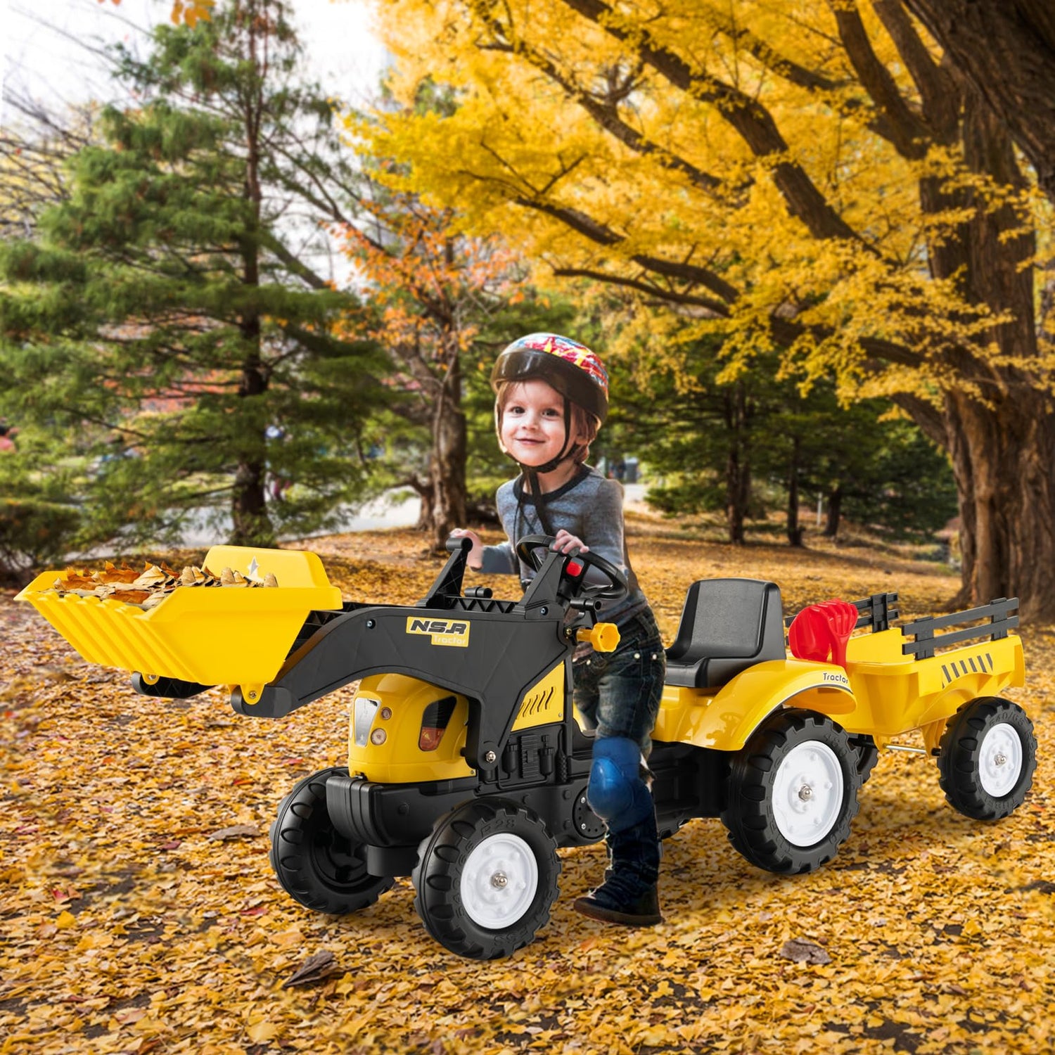 Kids Ride on Excavator, Pedal Go Kart with Manual Control Bucket, Detachable Cargo Trailer, Shovel, Rake