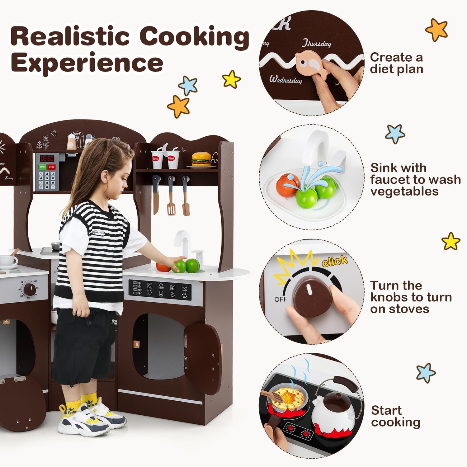GYMAX Kids Wooden Corner Kitchen Pretend Toy Kitchen Playset for 3+ Years Old