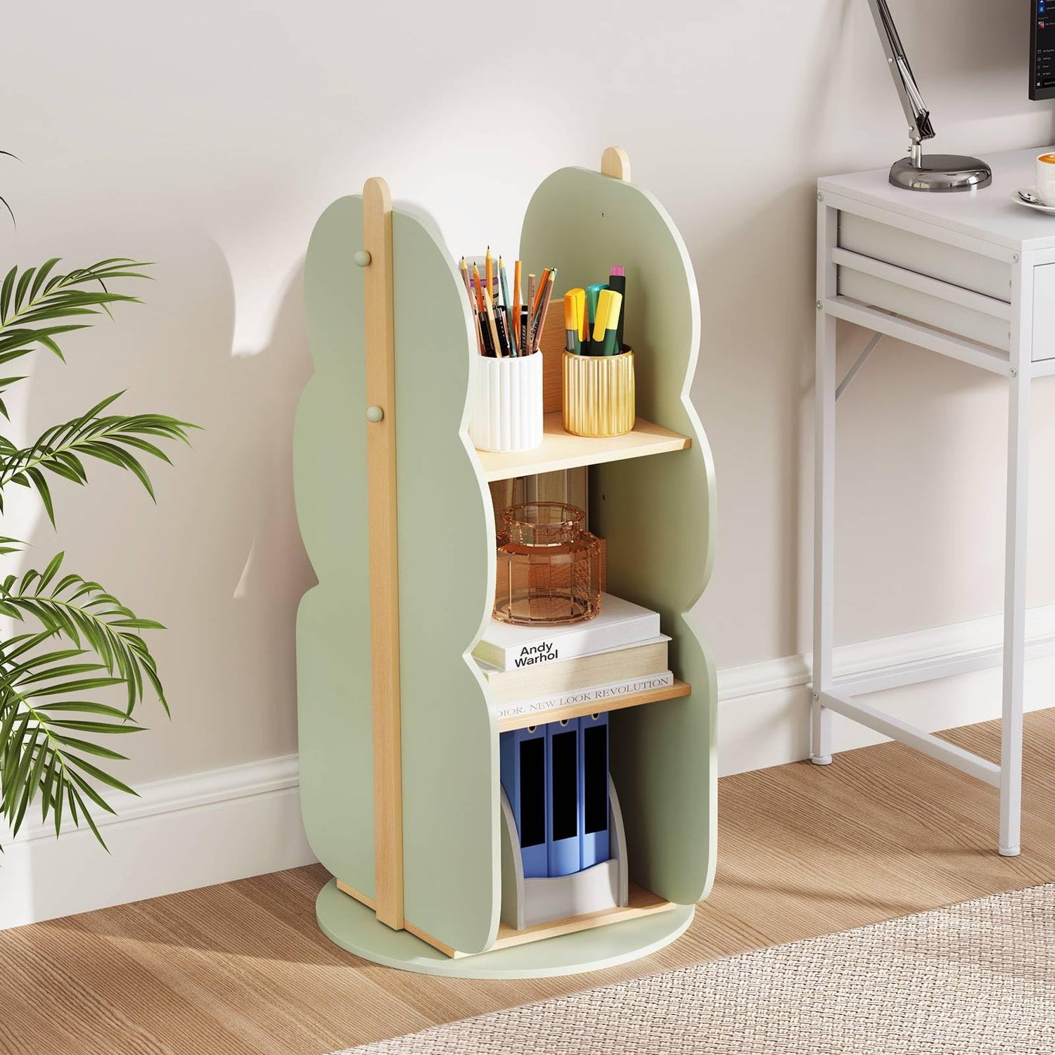 GYMAX 3-Tier Kids Bookcase, 360°Rotating Wooden Children Bookshelf