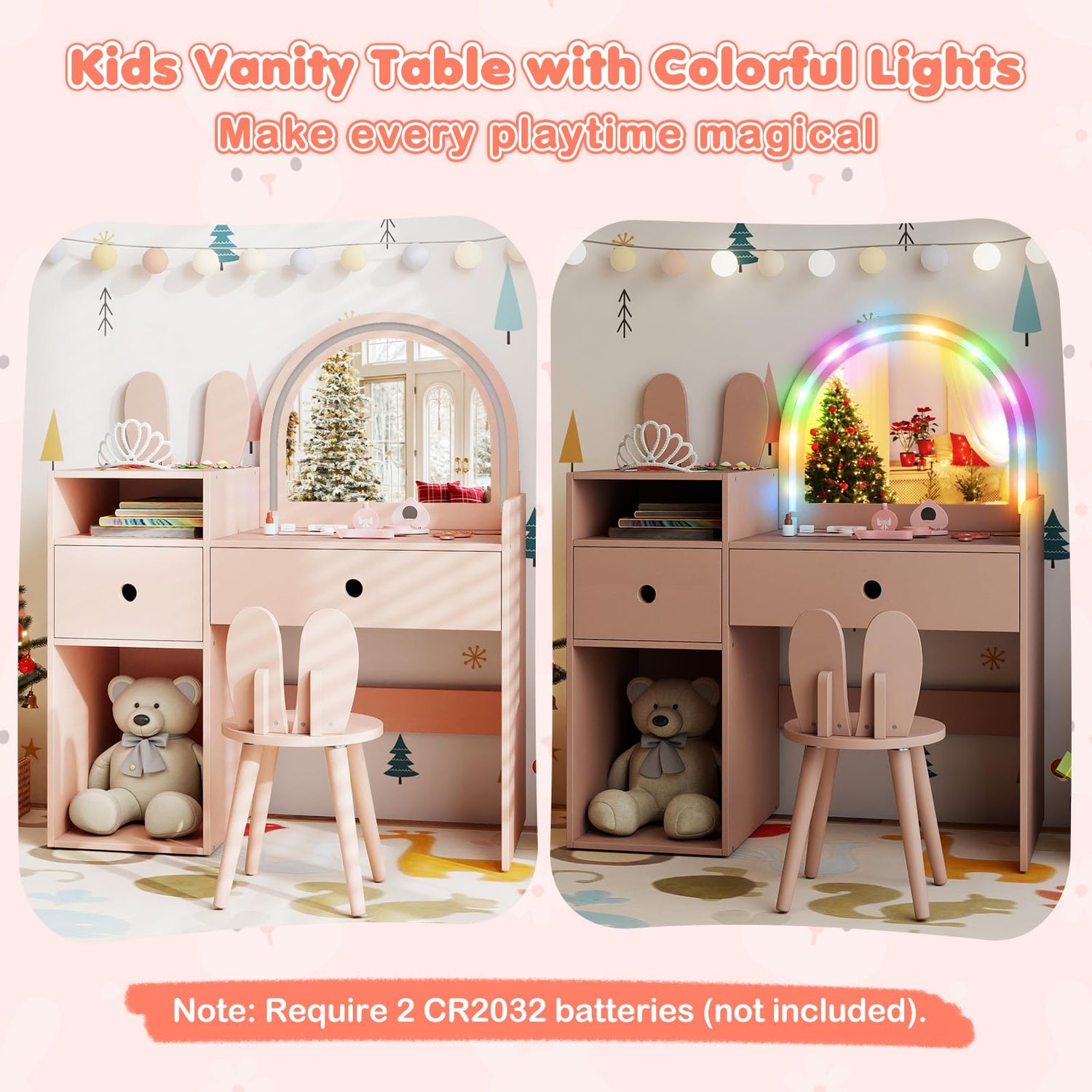 Kids Dressing Table, Girls Vanity Set with Lighted Mirror
