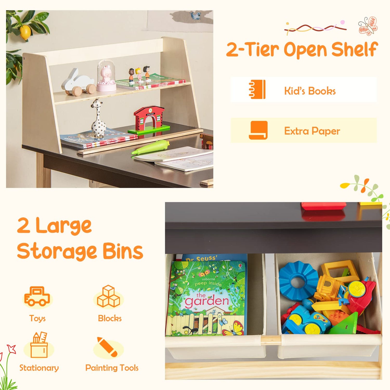 GYMAX Kids Table and Chair Set, Wooden Children Art Table with 2 Chairs, 2-Tier Open Shelf, 2 Storage Bins