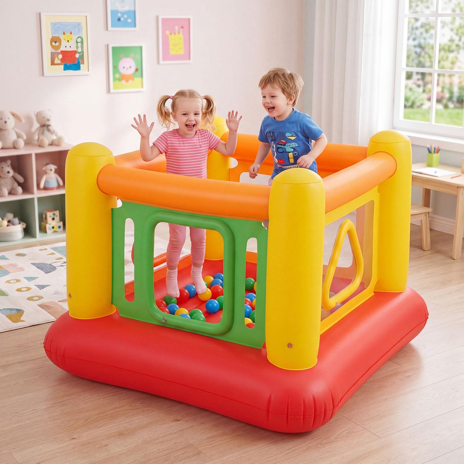 Inflatable Bounce House, Kids Blow Up Bouncy Castle with Transparent Side Walls