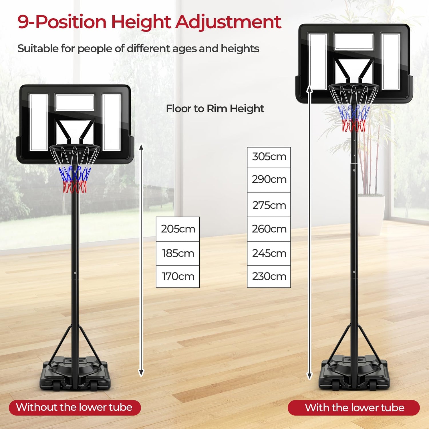 GYMAX 230-305cm Portable Basketball Set with PE Backboard
