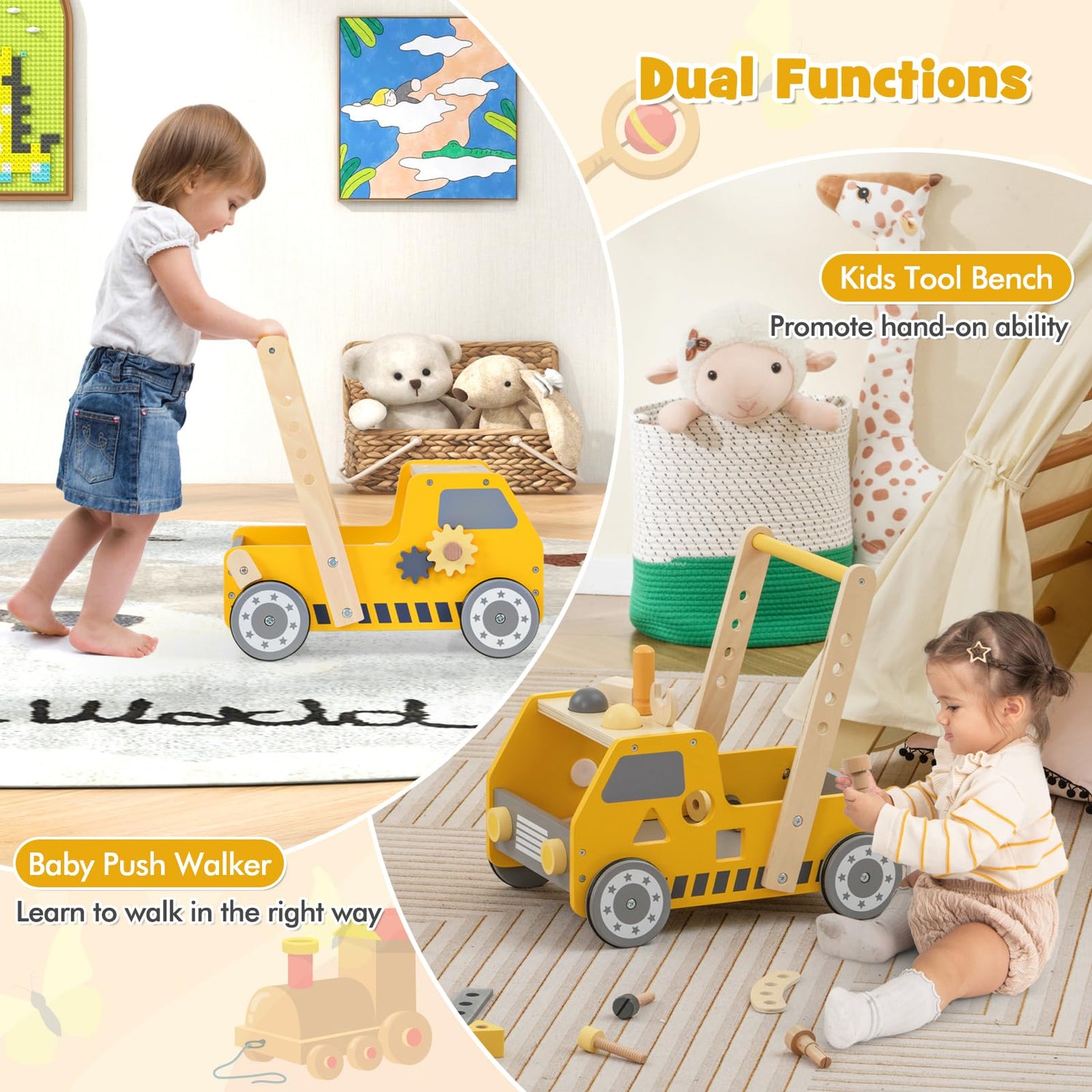GYMAX Wooden Baby Walker, 2-in-1 Toddler Push Along Toy