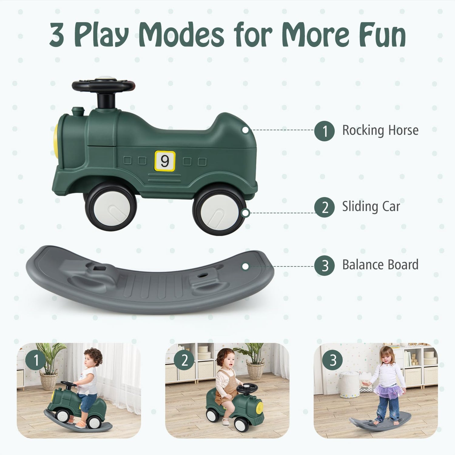 GYMAX Kids Rocking Horse, 3 in 1 Toddler Ride On Car with Detachable Balance Board