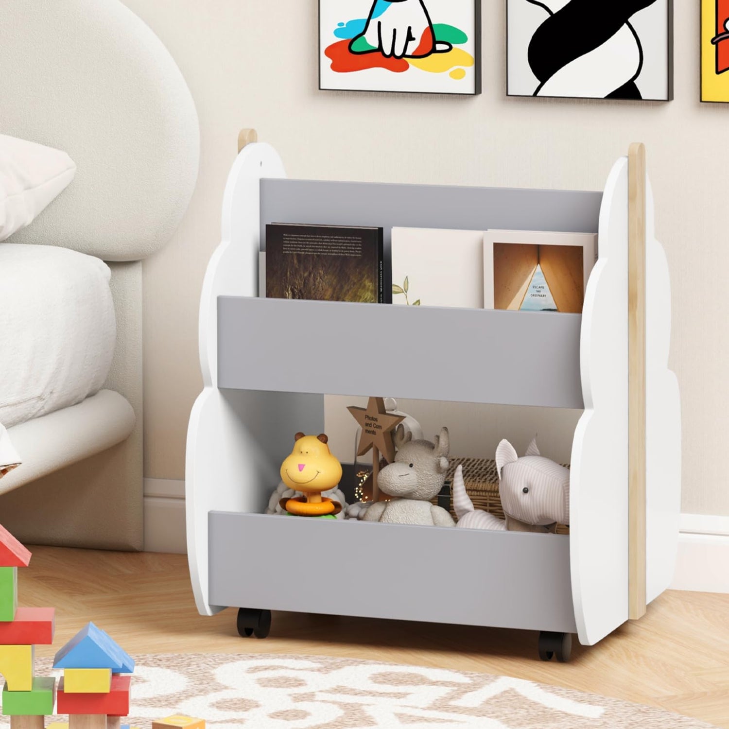 GYMAX Kids Bookshelf Double-sided Children Bookcase with Universal Wheels