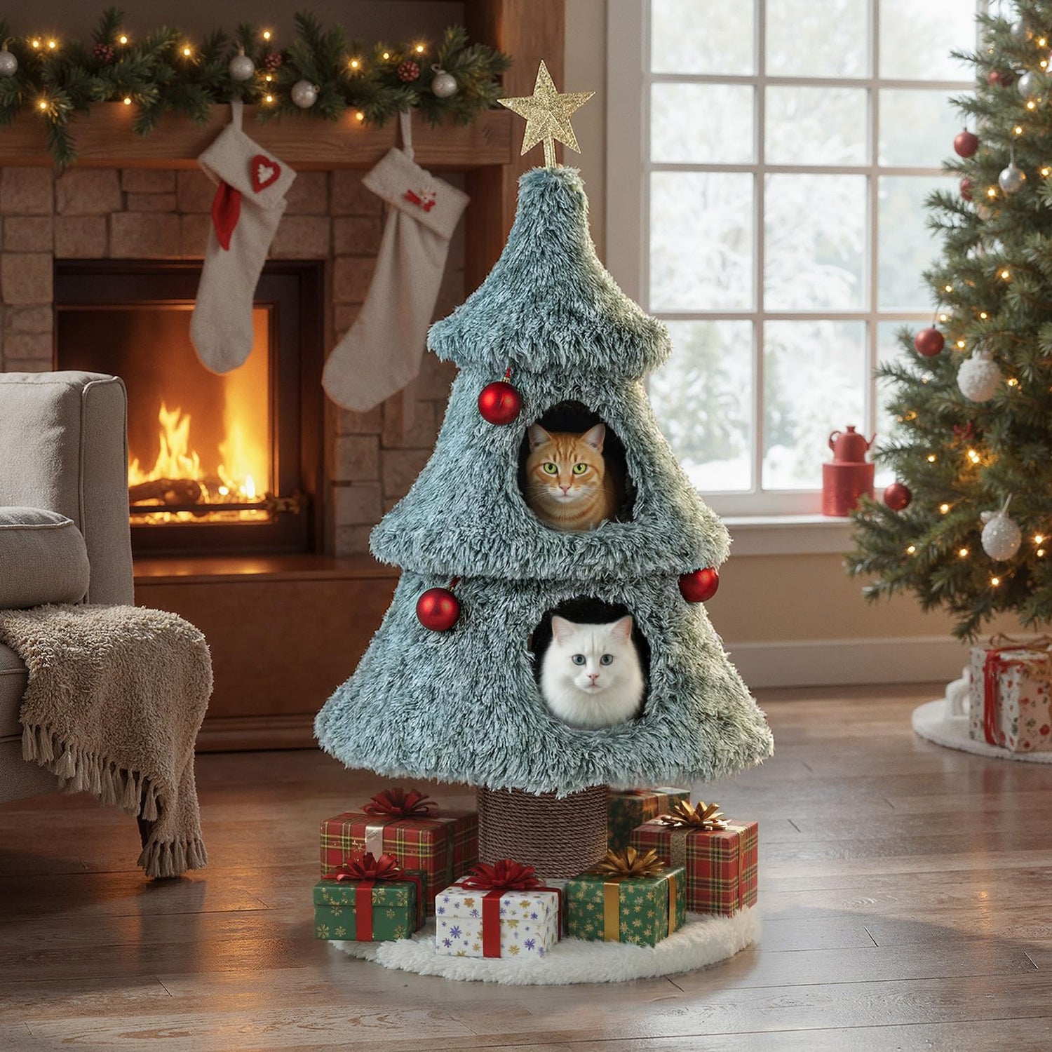 Christmas Cat Tree for Indoor Cats 48.5 inch Cute Cat Tower with 2 Large Condos Scratching Post-Green