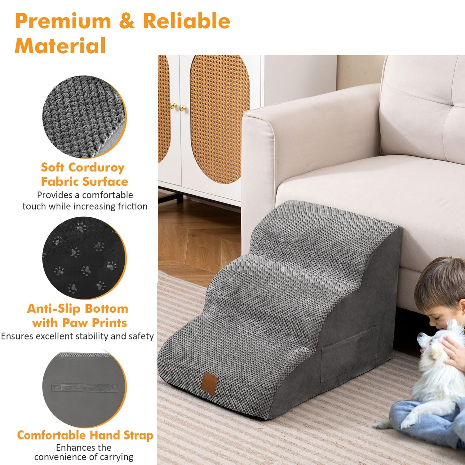 3 Tiers Dog Ladder with Removable Cover and Non-Slip Bottom