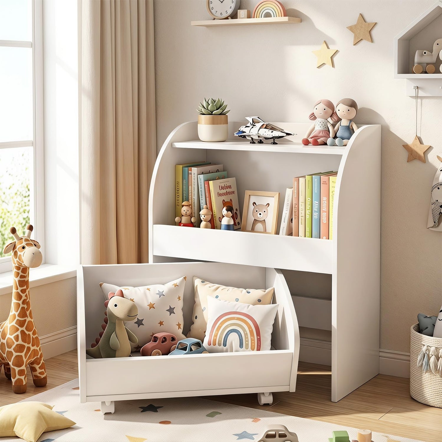 2 Open Shelves & Anti-toppling Kit, Wooden Children Storage Cabinet