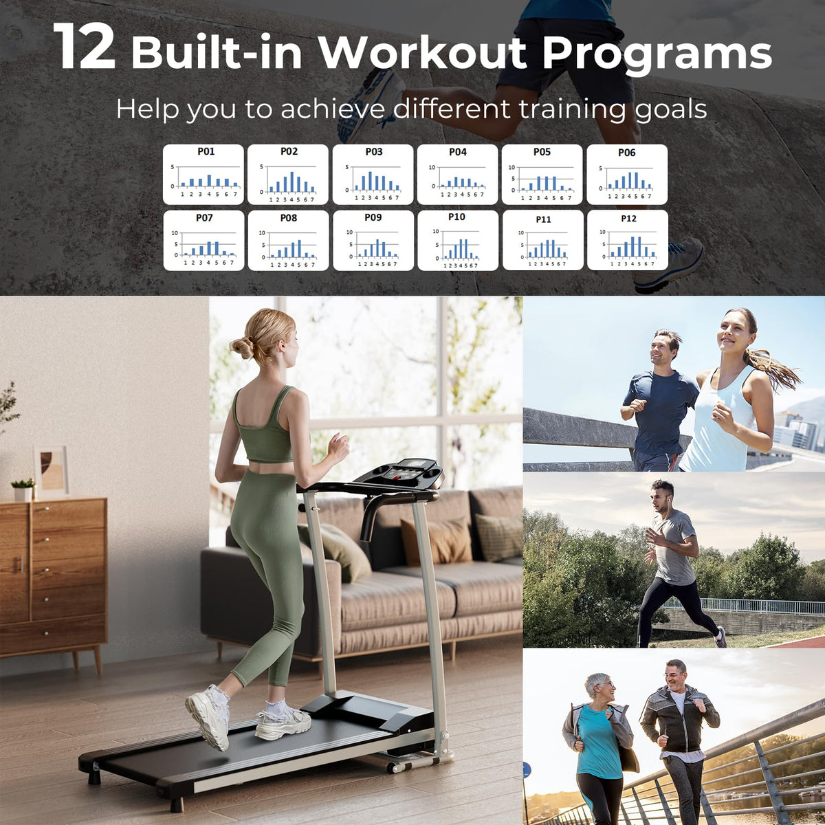Slow Jogging Machine 2.0HP Easy Assembly Walking Running Machine with 12 Preset Programs ...