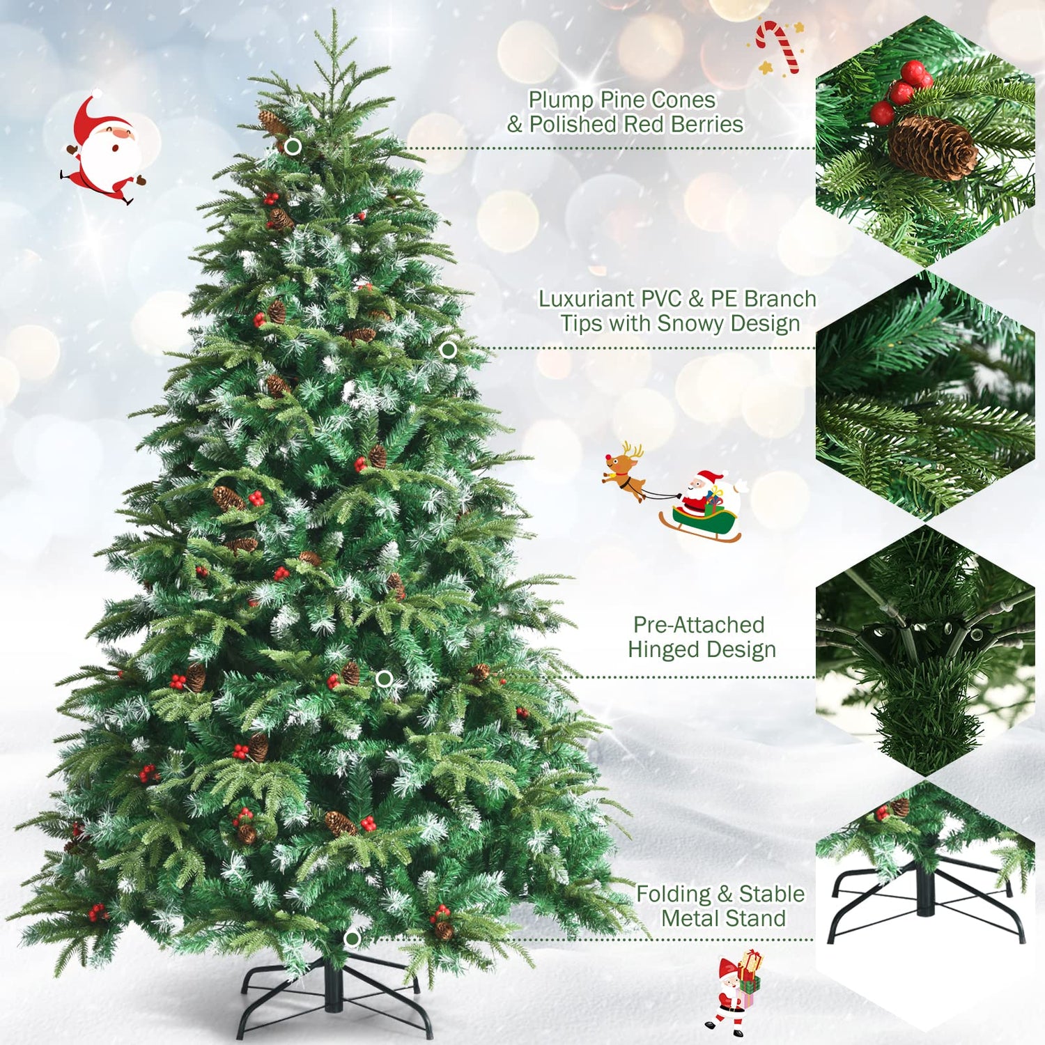 7ft Hinged Life-Like Christmas Tree with 450 LED Lights Pre-Lit Artificial Xmas Tree