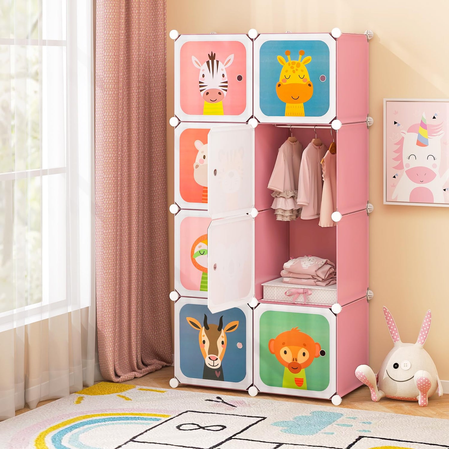 GYMAX Cartoon Clothes Closet, 8 Cubes Animal, 75 x 37 x 145cm
