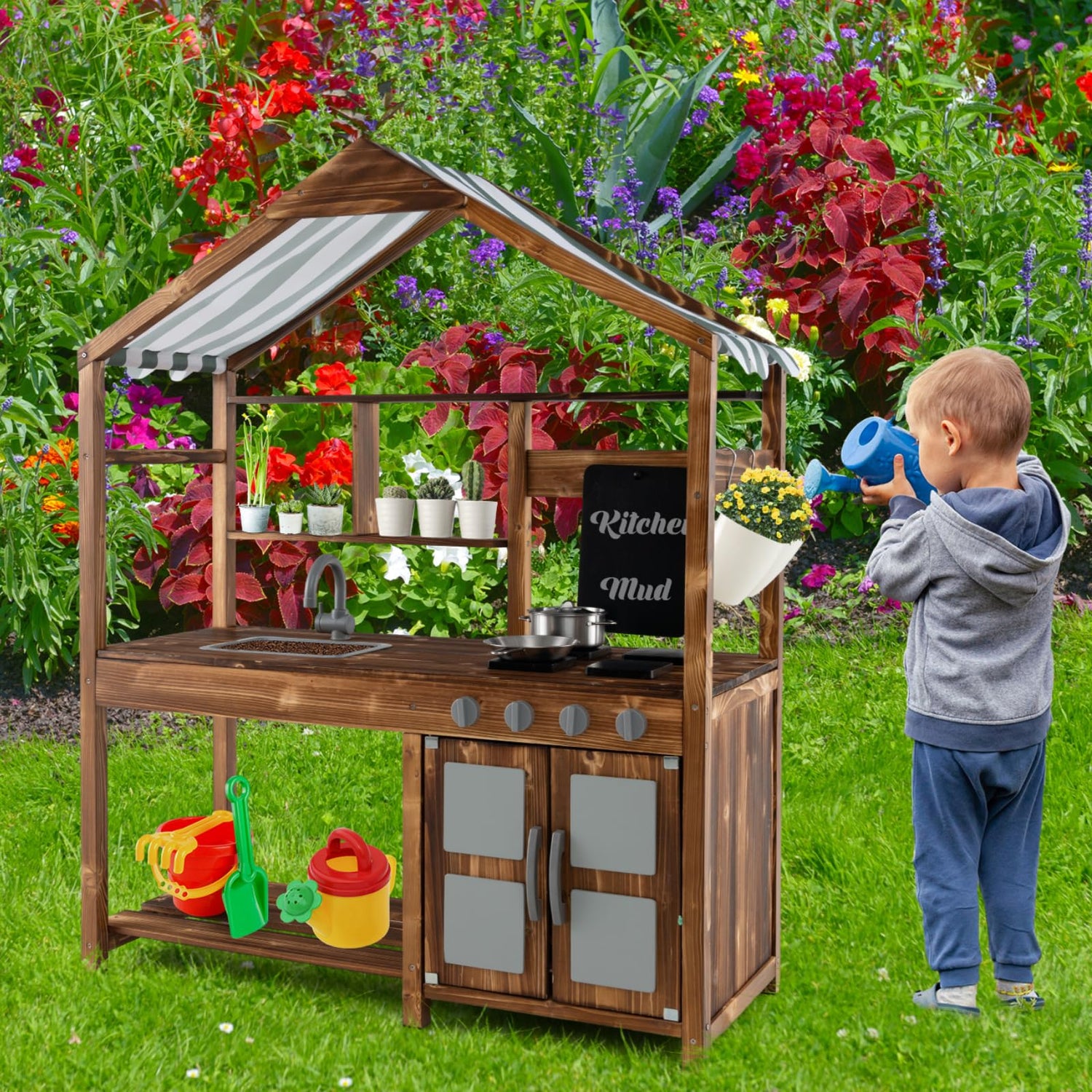 Outdoor Solid Wood Mud Kitchen with Canopy and Rotatable Faucet