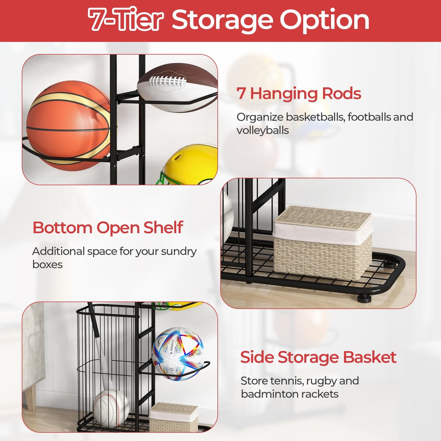 GYMAX Sports Equipment Organizer Display Rack with Basket and 7-Tier Detachable Stand
