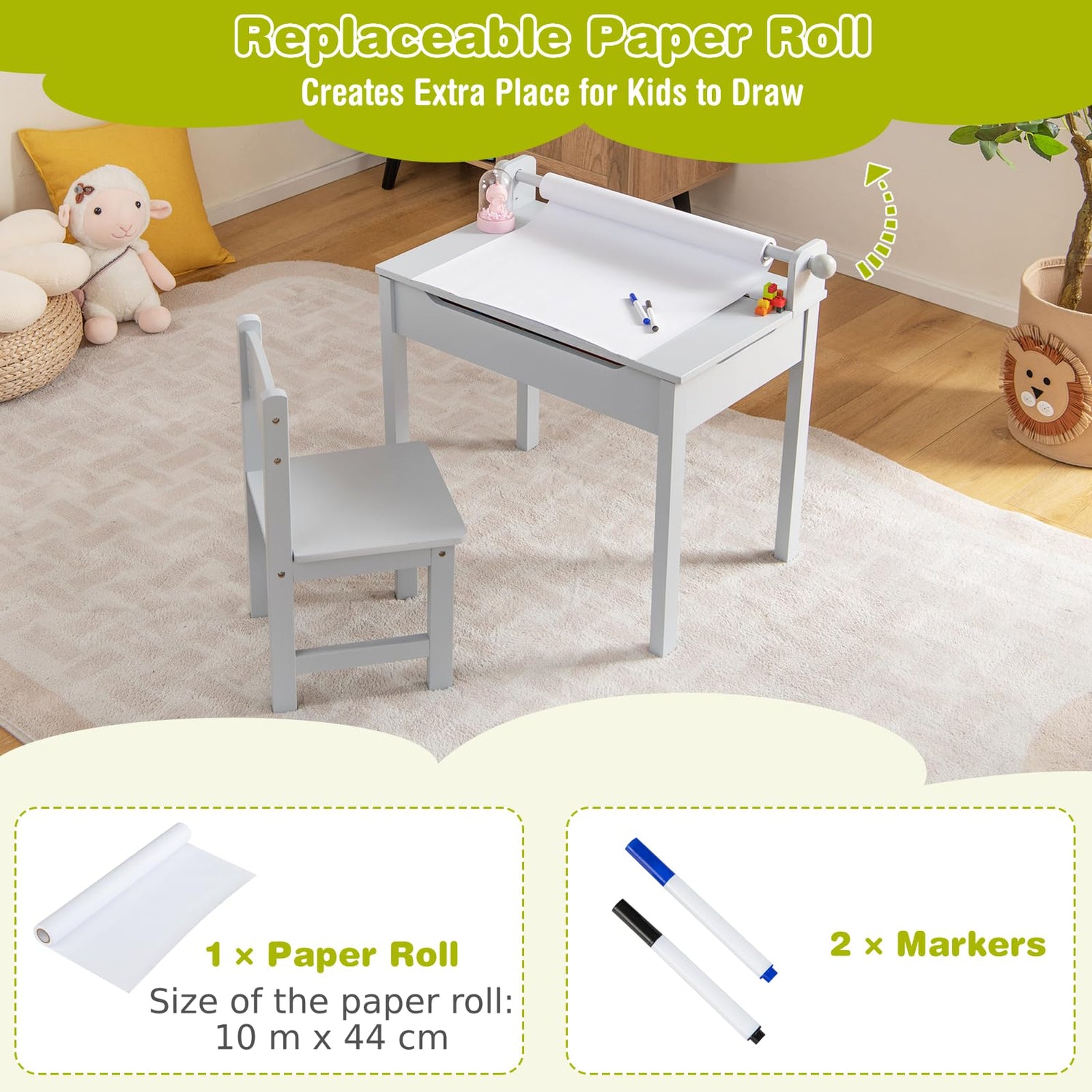 GYMAX Kids Desk and Chair Set, Wooden Children Art Table with Storage Space, Paper Roll and Markers