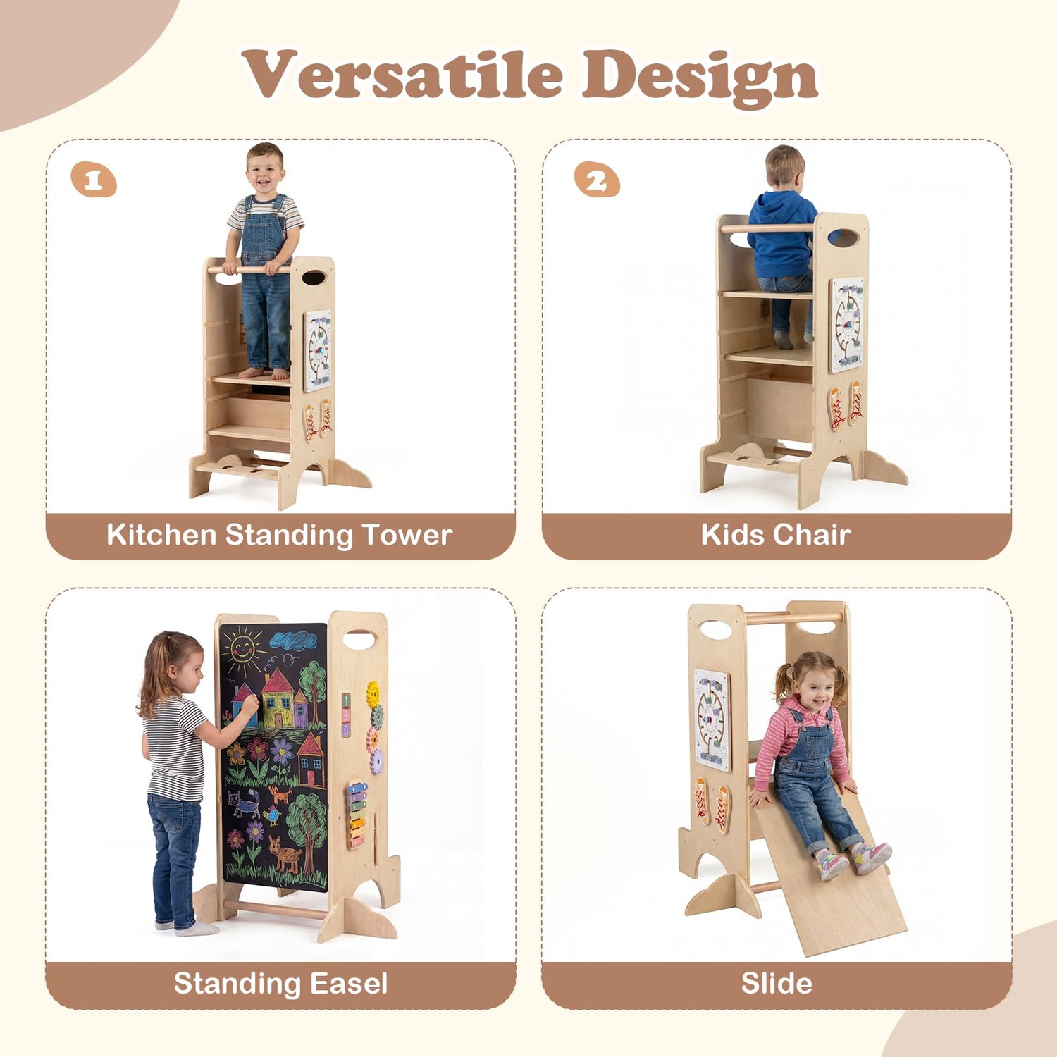 Toddler Step Stool Wooden Kids Standing Tower with Safety Rails