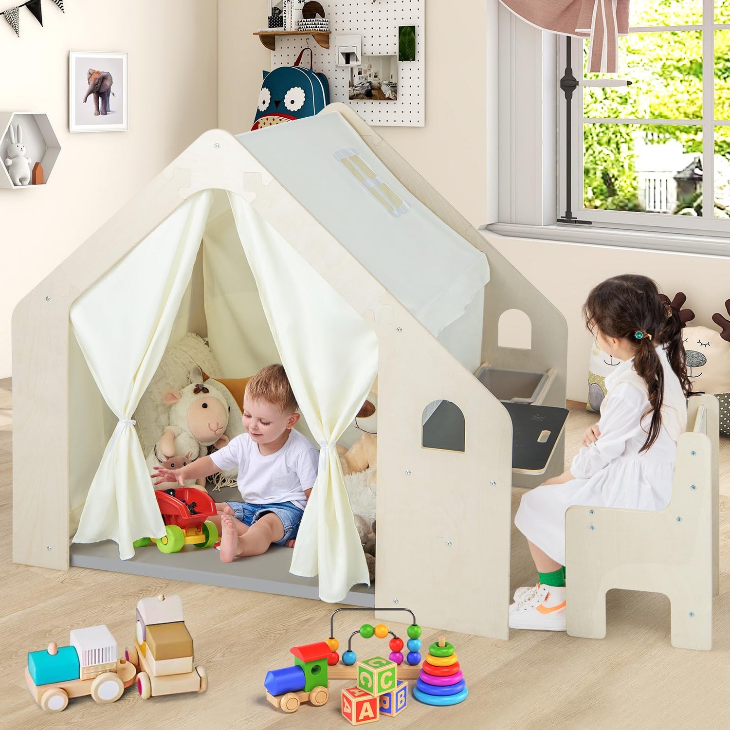 Indoor Playhouse with Storage Bin and Floor Mat for Toddlers