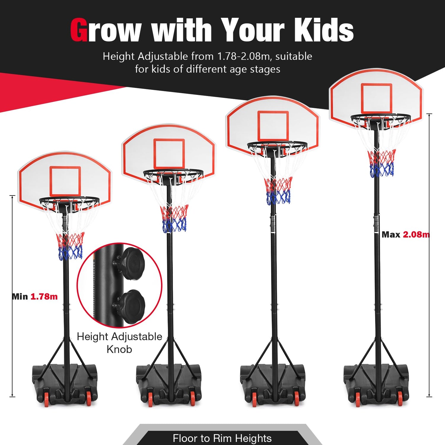 GYMAX Portable 5.4FT-7FT Adjustable Basketball Backboard Hoop Net System