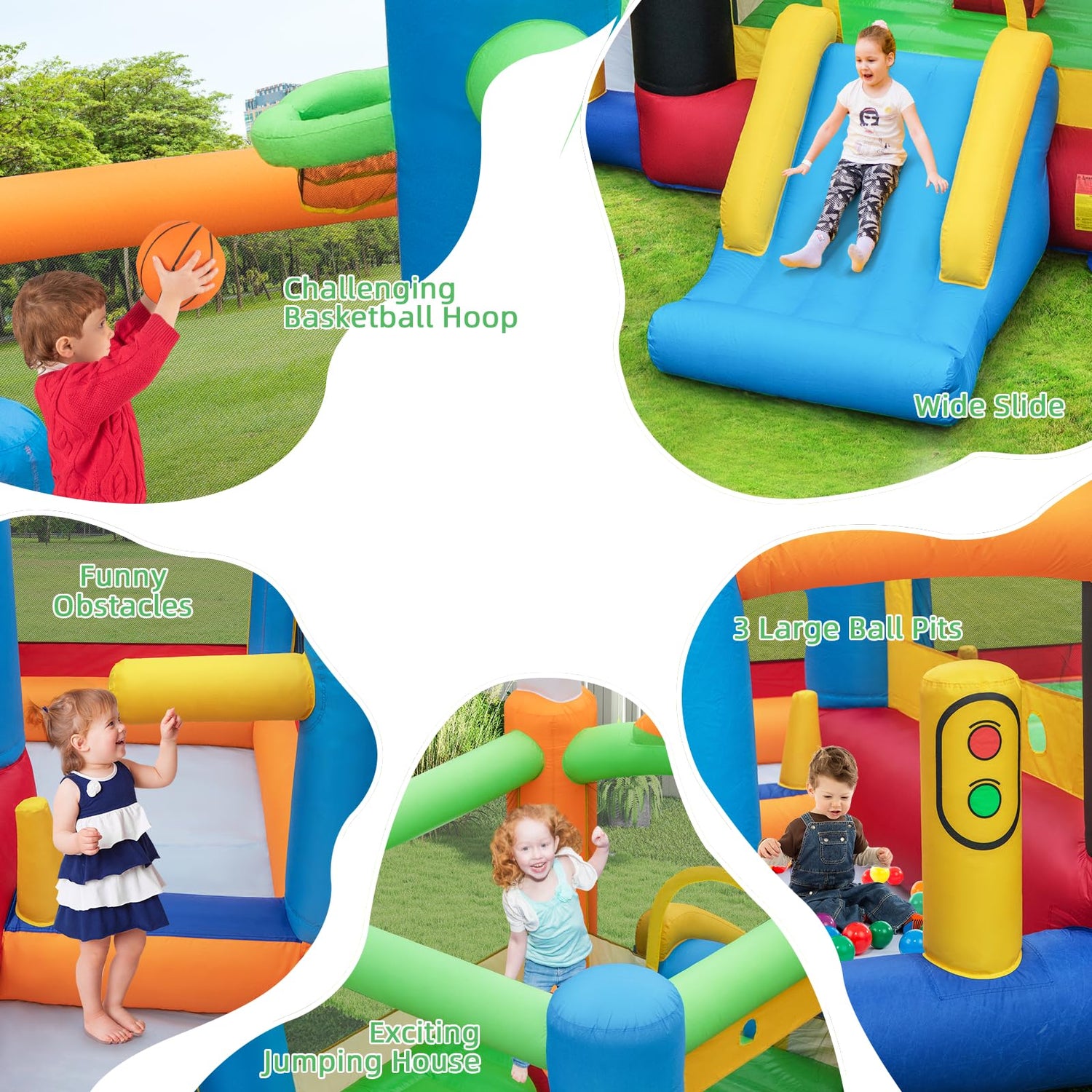 GYMAX Inflatable Bouncy Castle, Kids Jumping House with Slide, Basketball Hoop, 3 Ball Pit Areas & 50 Ocean Balls, Indoor Outdoor Bounce Playhouse for Children