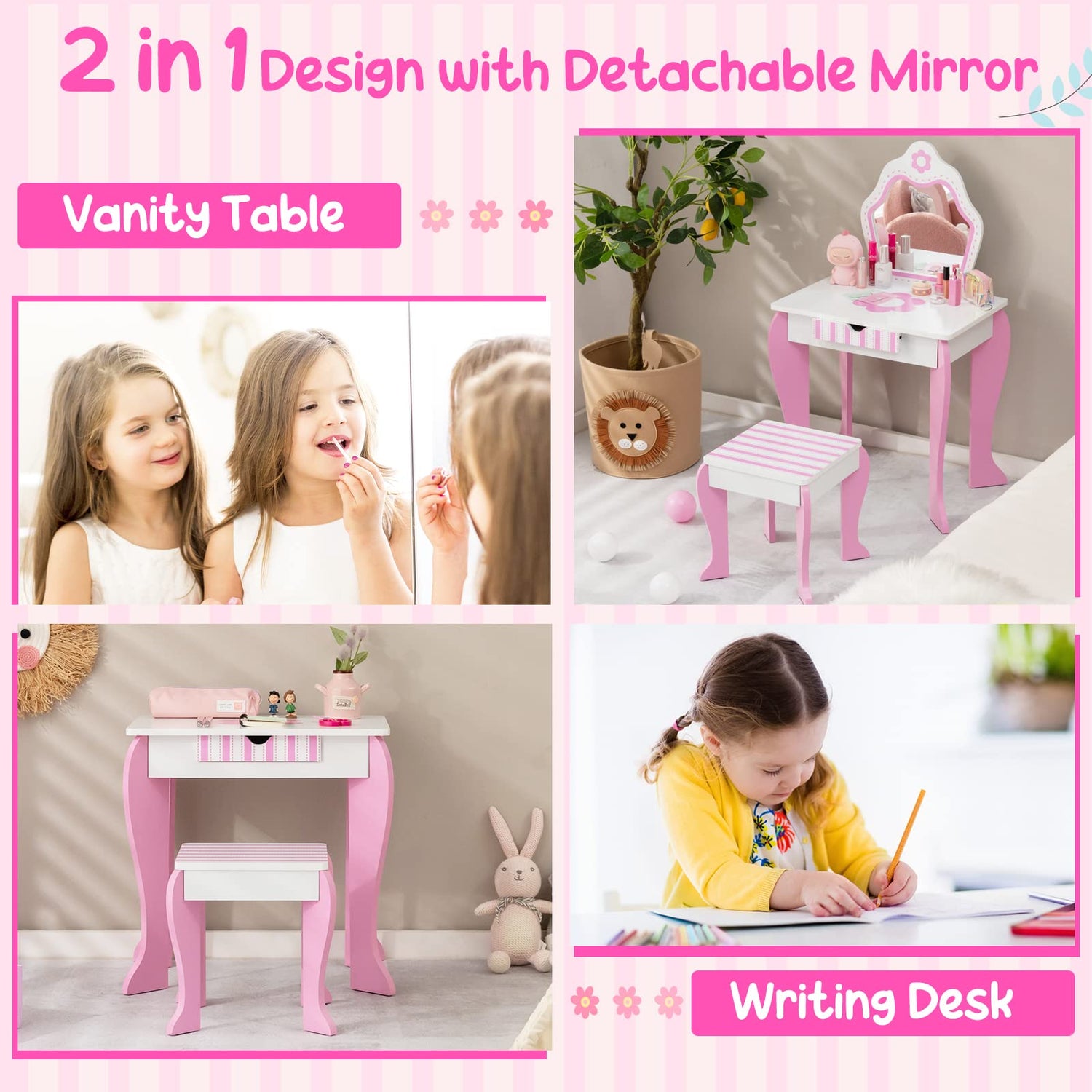 GYMAX Kids Vanity Table and Stool Set