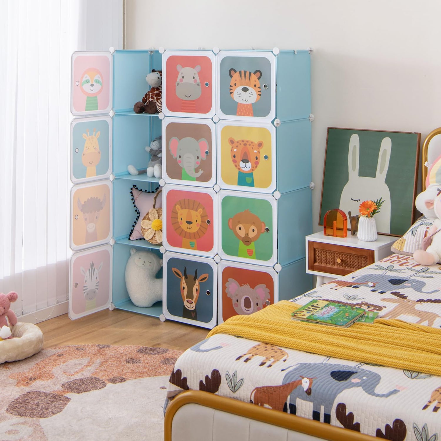 GYMAX Cartoon Clothes Closet, Portable Kids Wardrobe with Hanging Section( 12 Cubes Animal: 109 x 37 x 145cm)