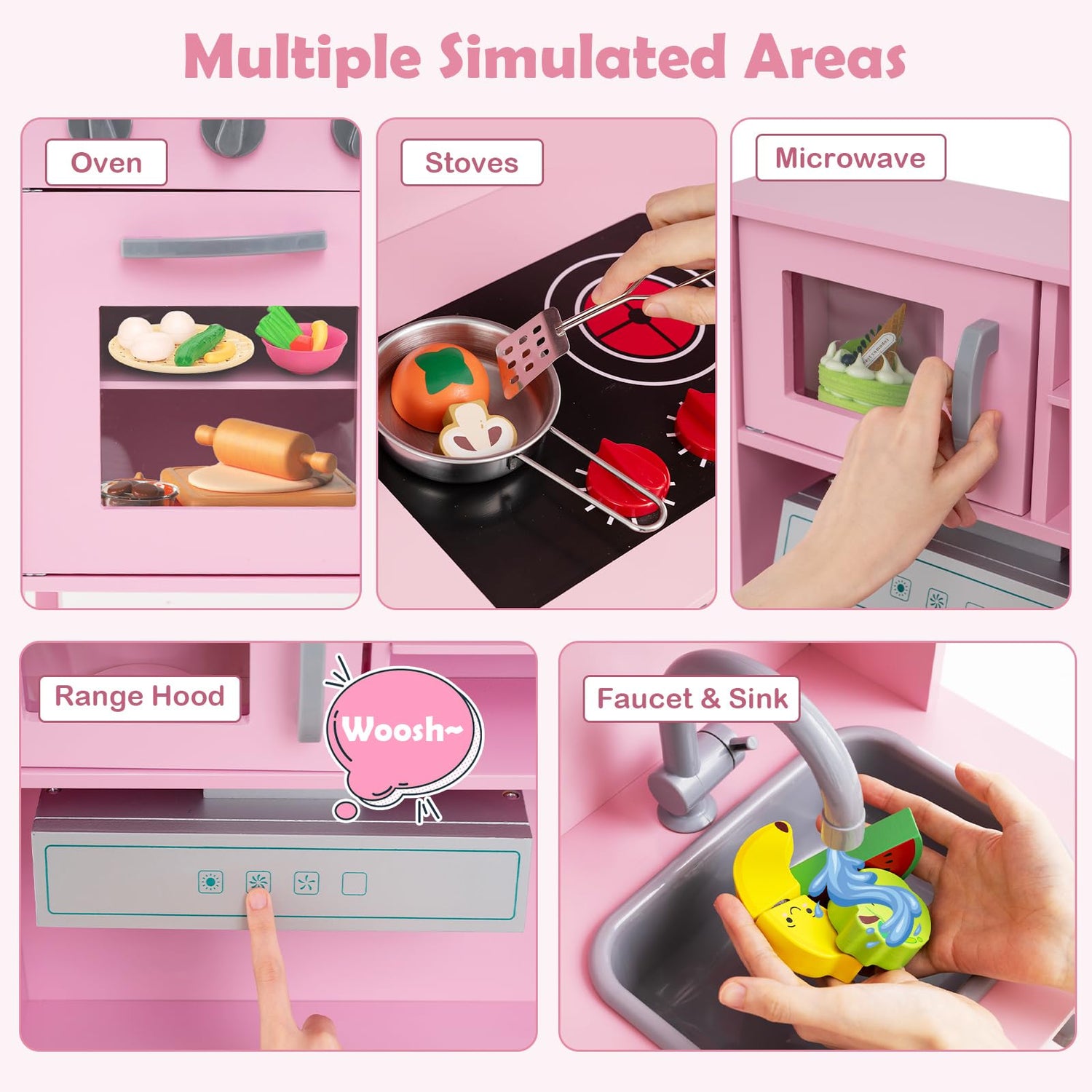 GYMAX Kids Play Kitchen, Children Toy Kitchen with Stoves, Microwave, Range Hood, Oven, Pink