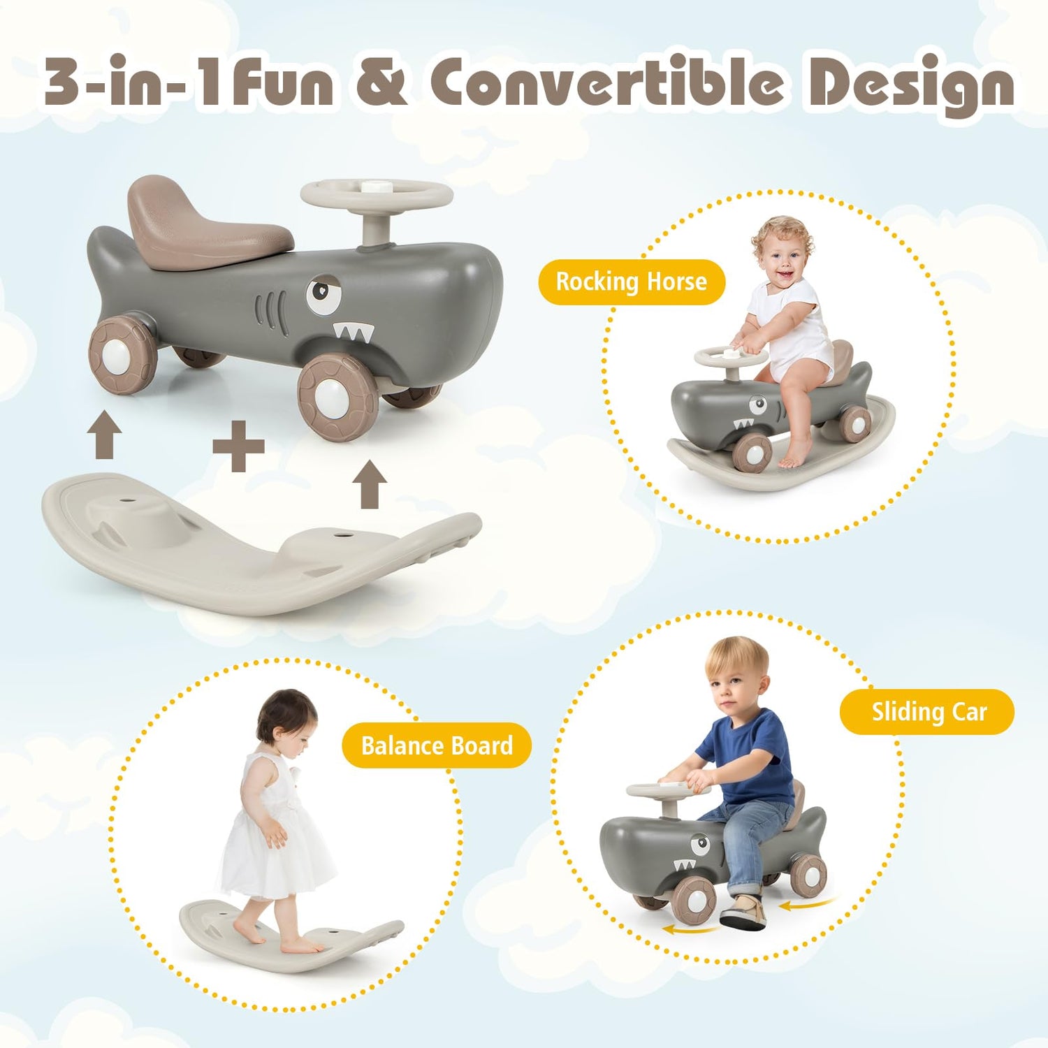 GYMAX Kids Rocking Horse, 3 in 1 Toddler Ride On Car with Detachable Balance Board & Anti-slip EVA Strips
