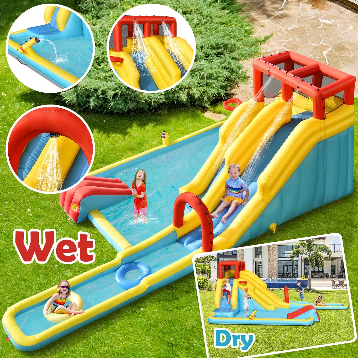 GYMAX Multifunction Inflatable Bouncy Playhouse with Double Slide and Climbing Wall