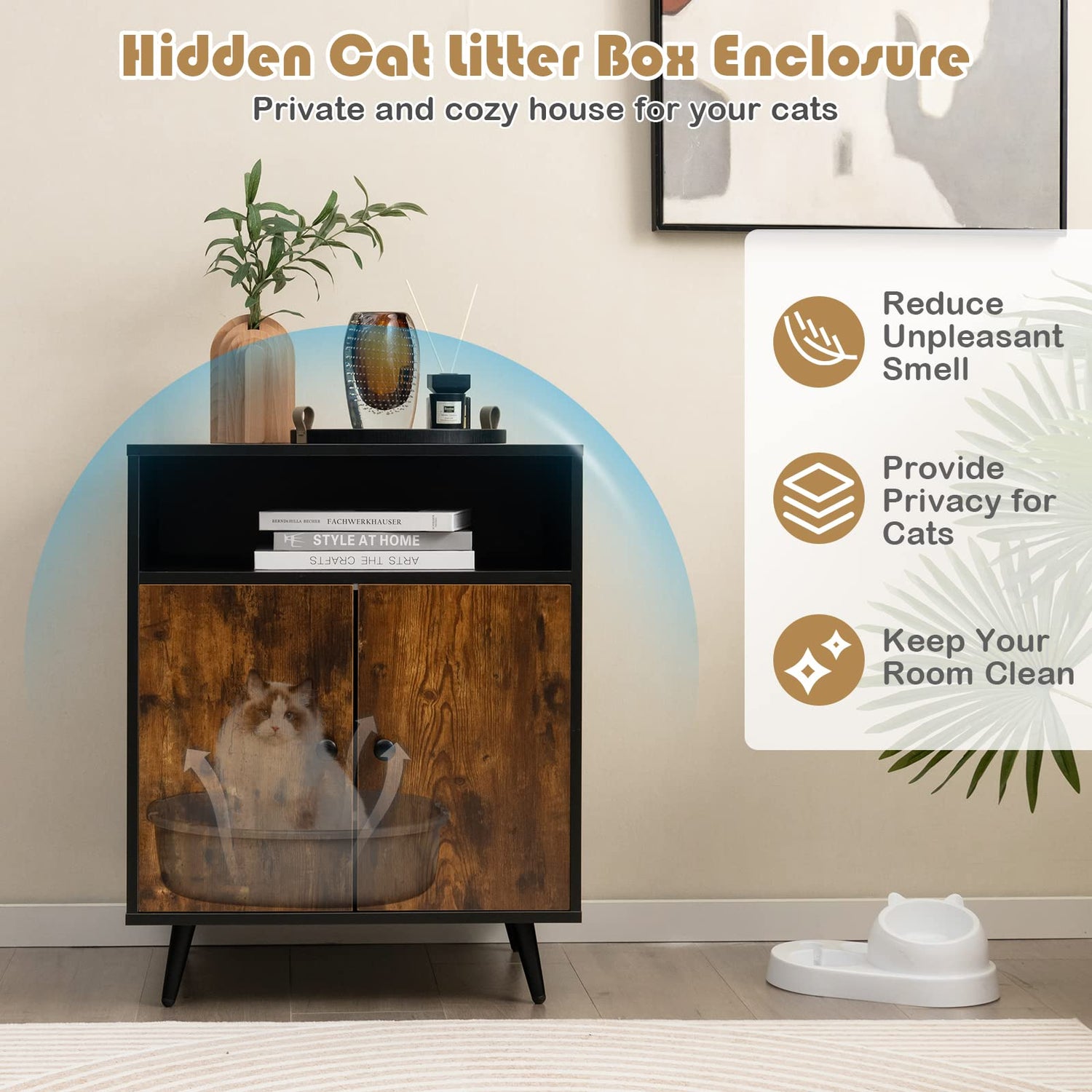 Cat Litter Box Enclosure, Wooden Hidden Kitty Washroom with Shelves