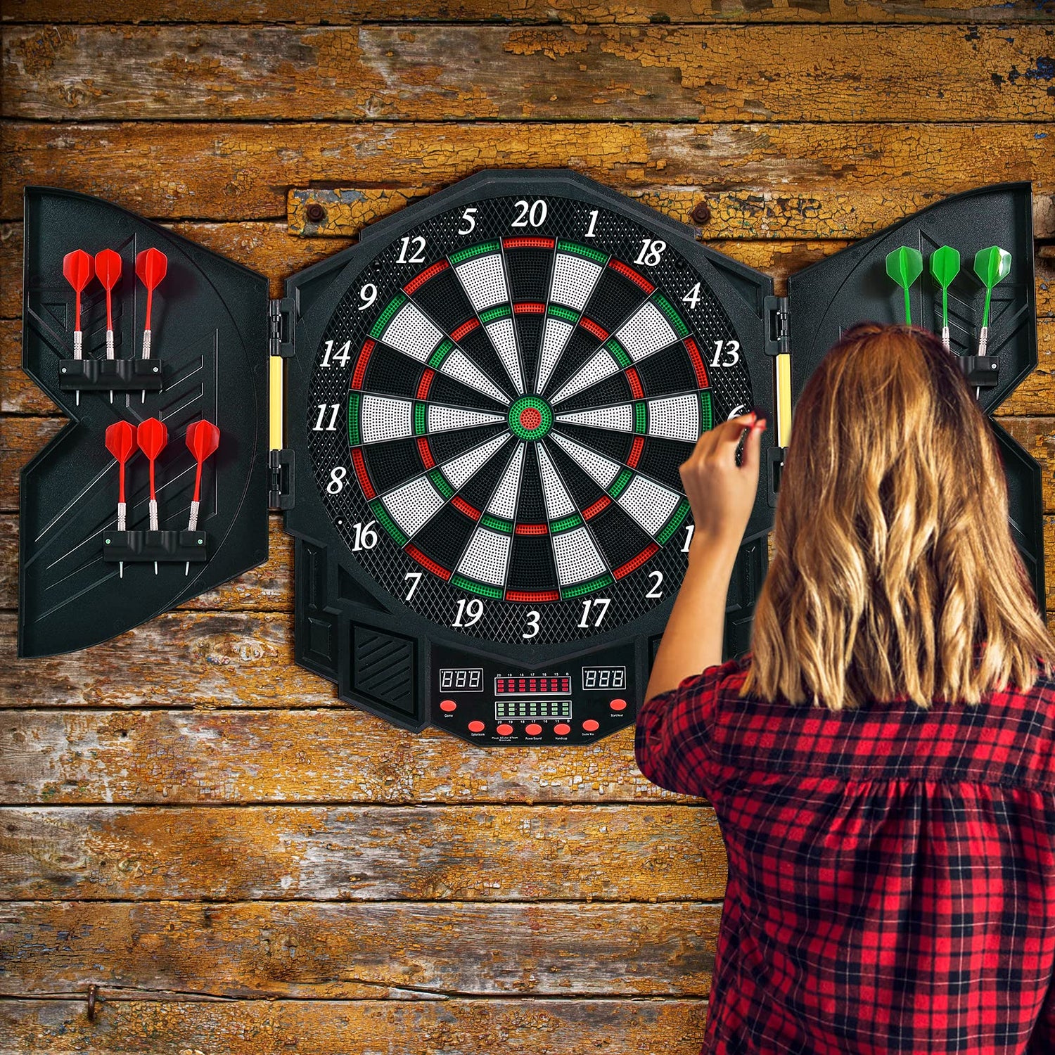 GYMAX Electronic Dart Board Set, Professional Hanging Dartboard with 12 Soft Tip Darts