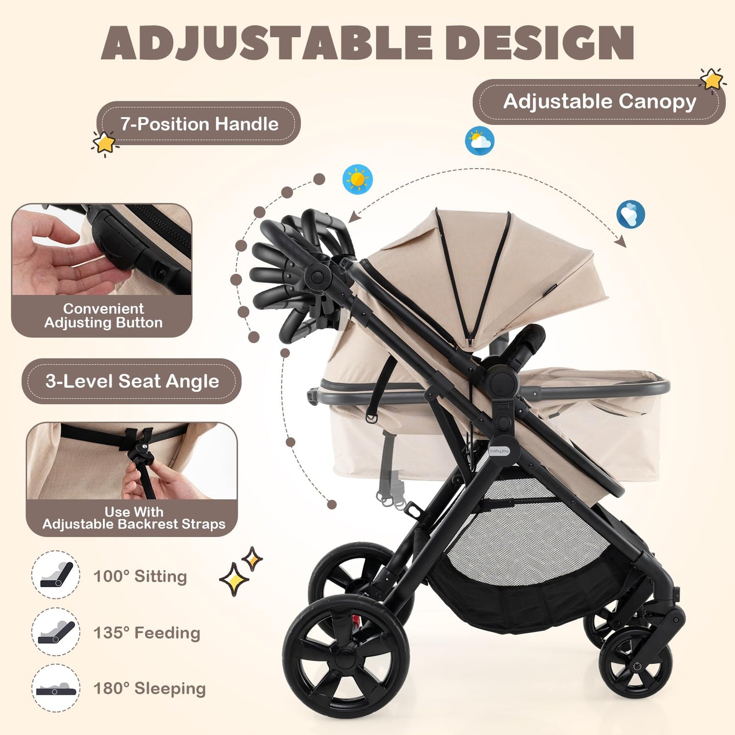 GYMAX Baby Stroller, Foldable Toddler Pushchair with Adjustable Backrest/Canopy/Handle and Storage Bag