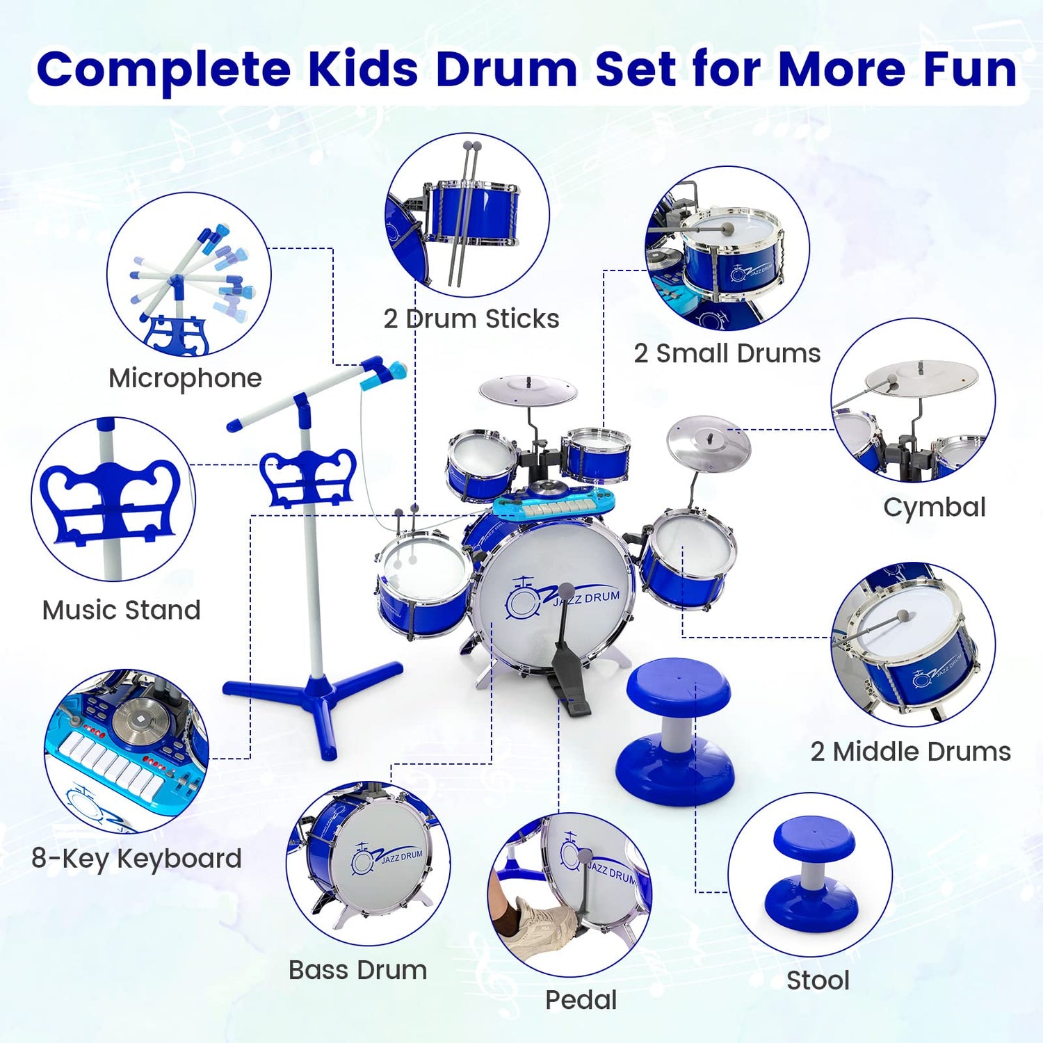 GYMAX Kids Keyboard and Drum Set Jazz Drum Kit with Stool