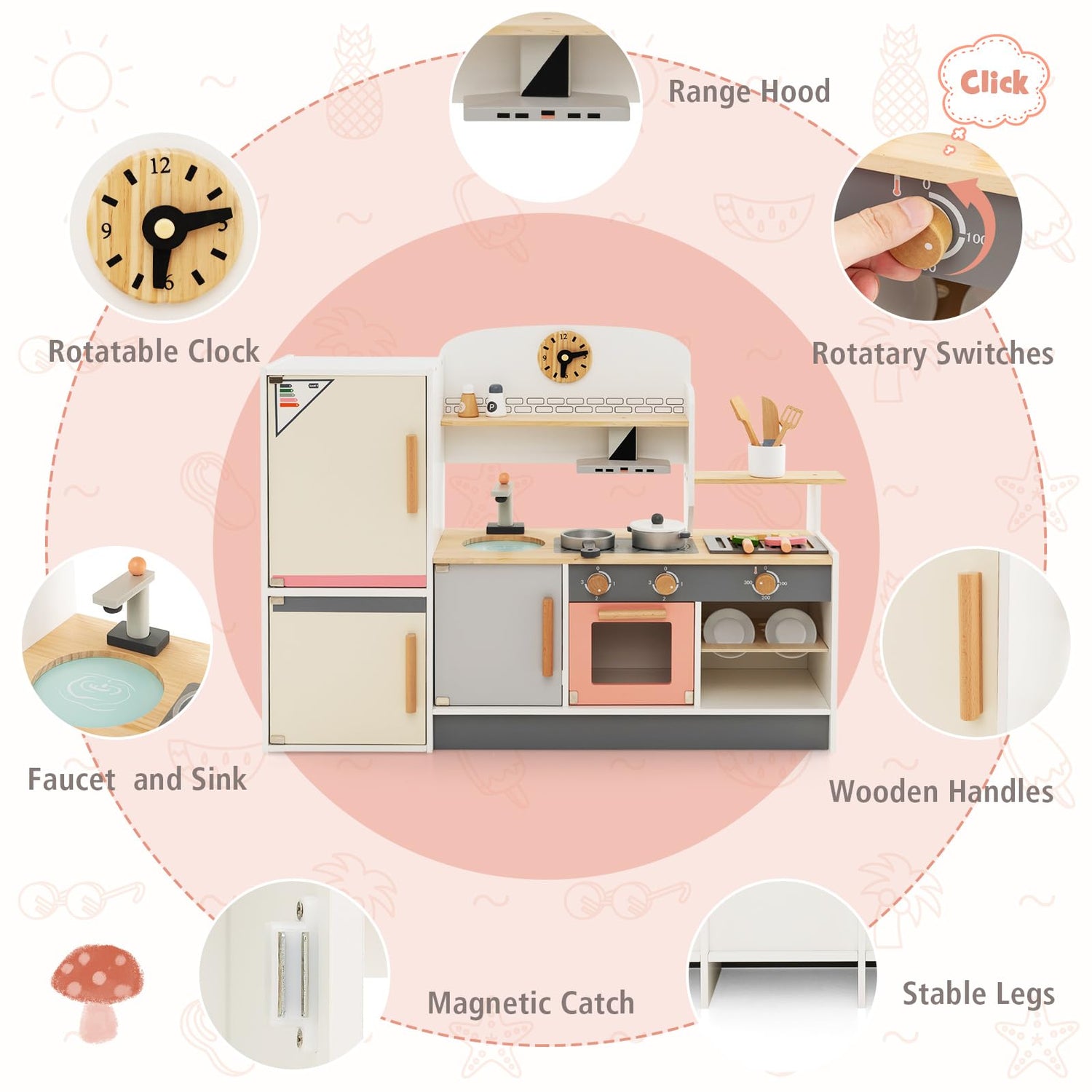 GYMAX Large Kids Kitchen, Wooden Play Kitchen with BBQ Grill, Refrigerator, Range Hood, Oven, Faucet, Sink, Sound & 16 Accessories