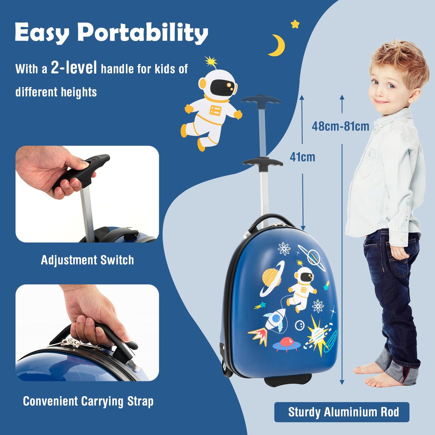 GYMAX Kids Luggage, 16" Children Hand Trolley Case with Wheels and 2-Level Aluminum Handle