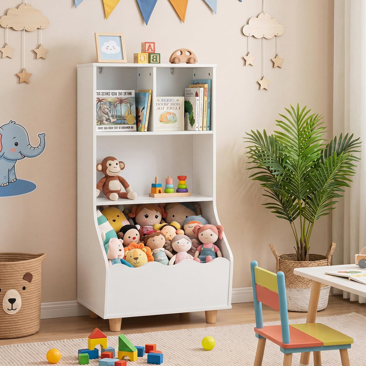 Kids Bookshelf, Toy Storage Organizer with 2 Anti-Toppling Devices