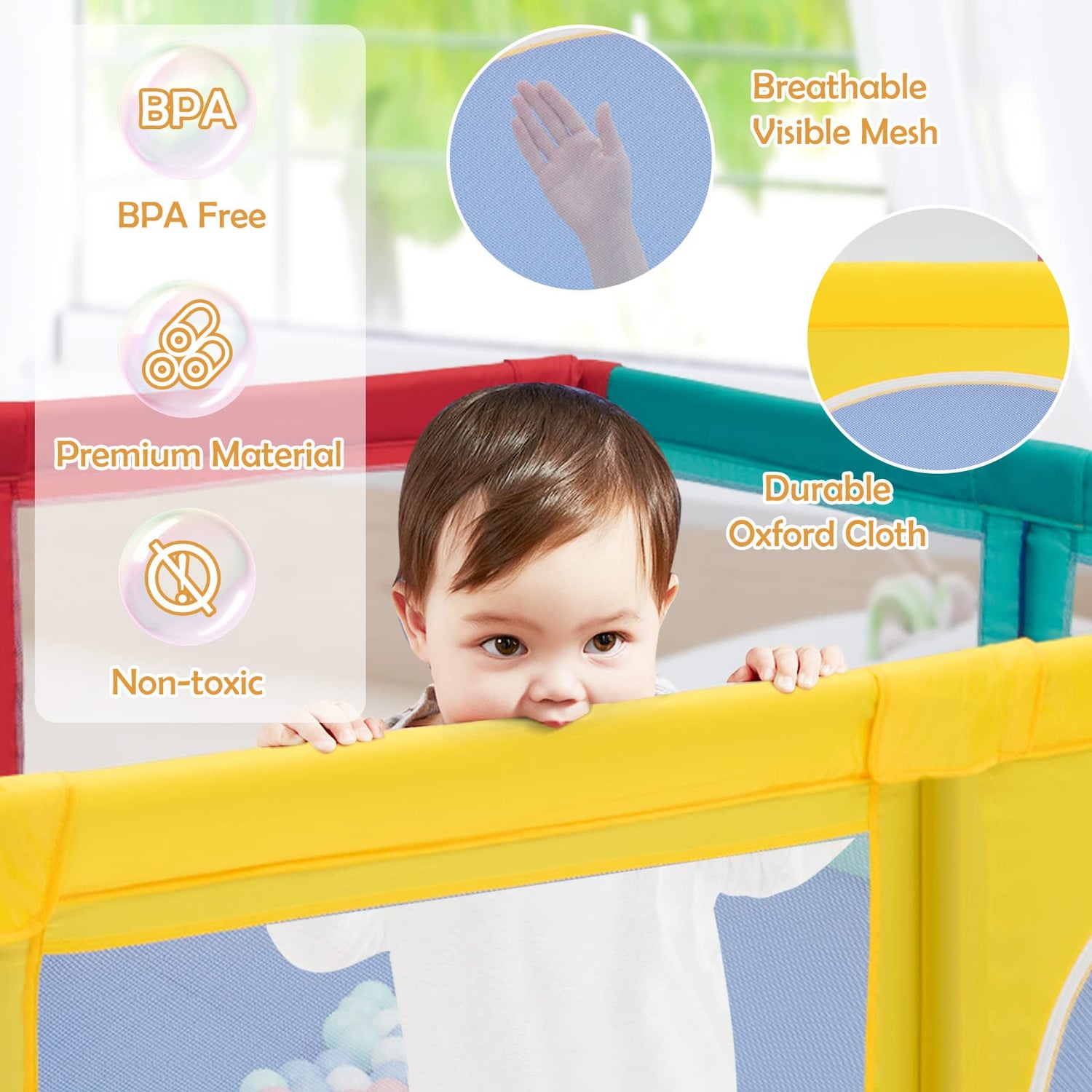 GYMAX Baby Playpen, 206 x 186cm Large Toddler Fence Play Yard with 50 Ocean Balls