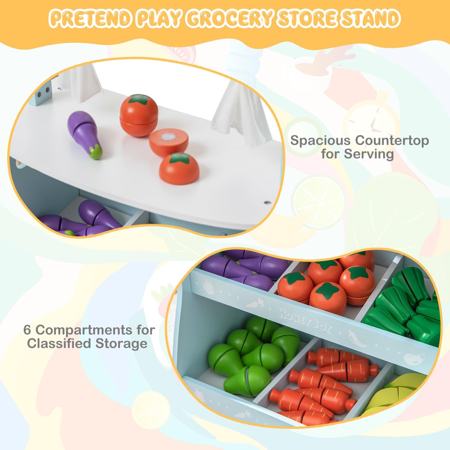 GYMAX Kids Grocery Store Playset, Children Farmers Market Stand with Cute Awning (Blue)