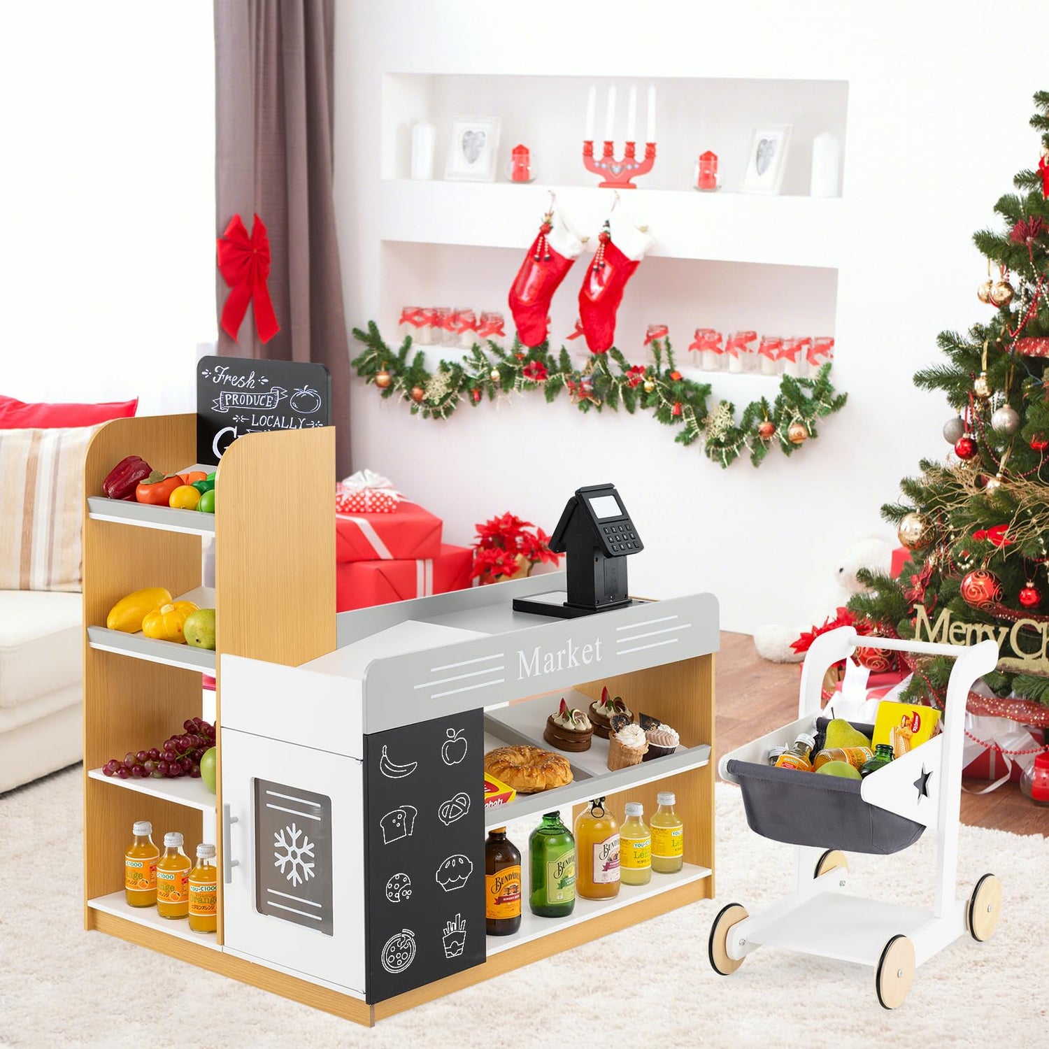 Pretend Play Grocery Store Set with Shopping Cart and 2 Chalkboards