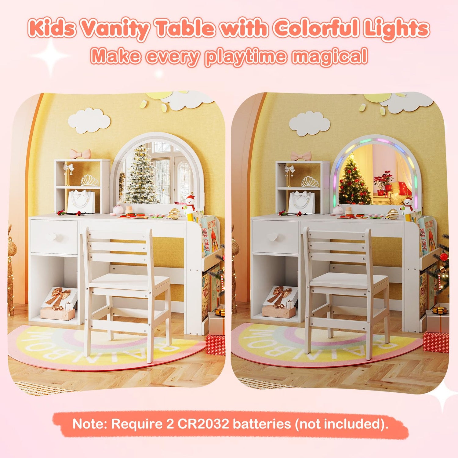 Kids Vanity Table and Chair Set, Children Study Desk with Lighted Mirror
