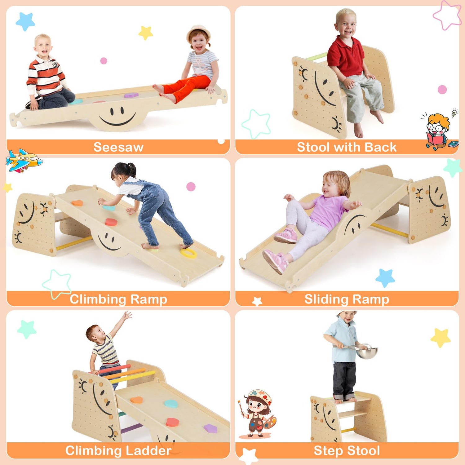GYMAX 6 in 1 Kids Climbing Set, Wooden Toddler Climbing Frame