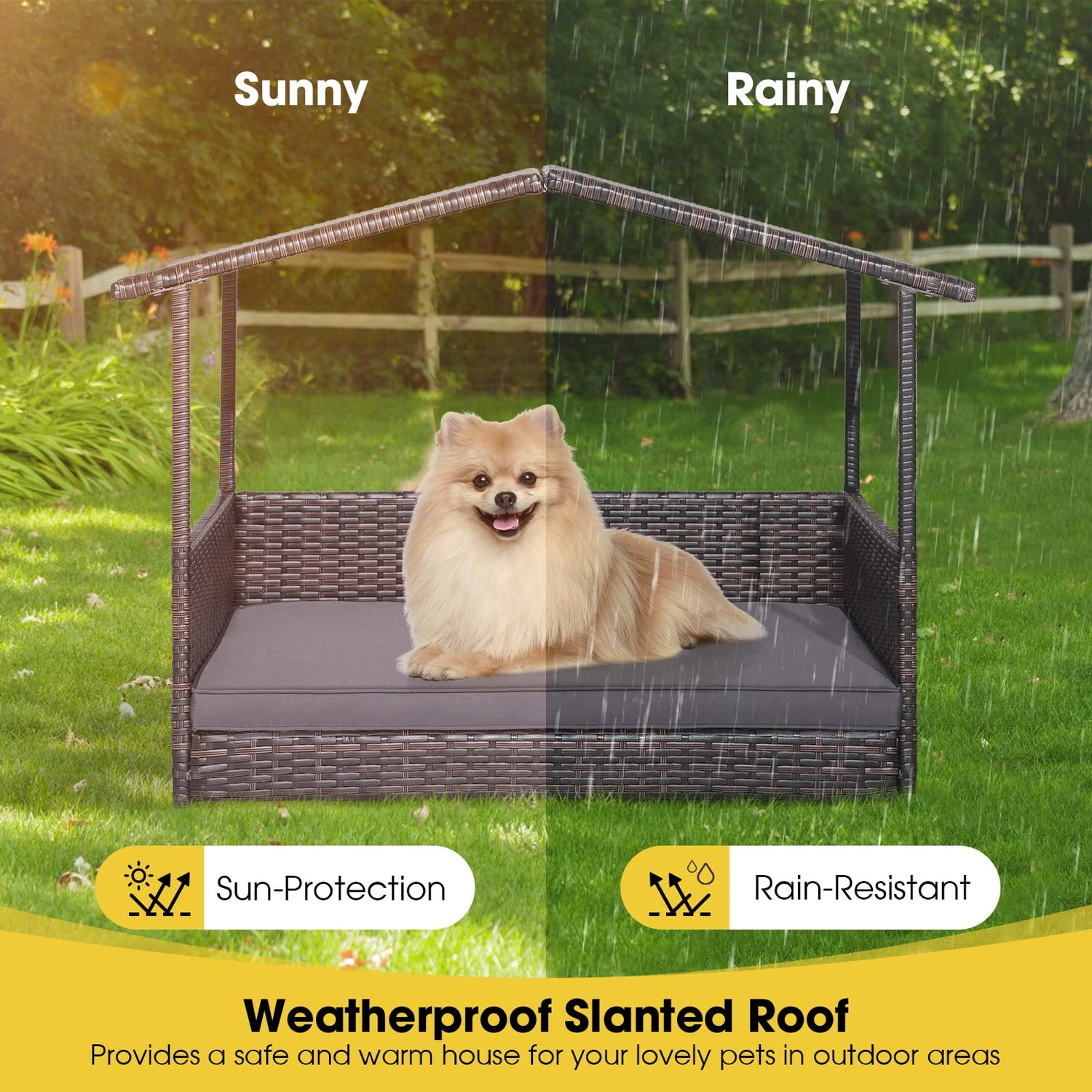 GYMAX Wicker Pet House Indoor Outdoor Raised Rattan Dog Bed