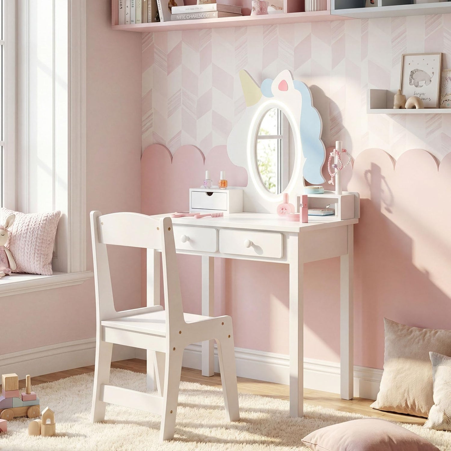 Kids Vanity Table and Chair Set, Princess Dressing Table