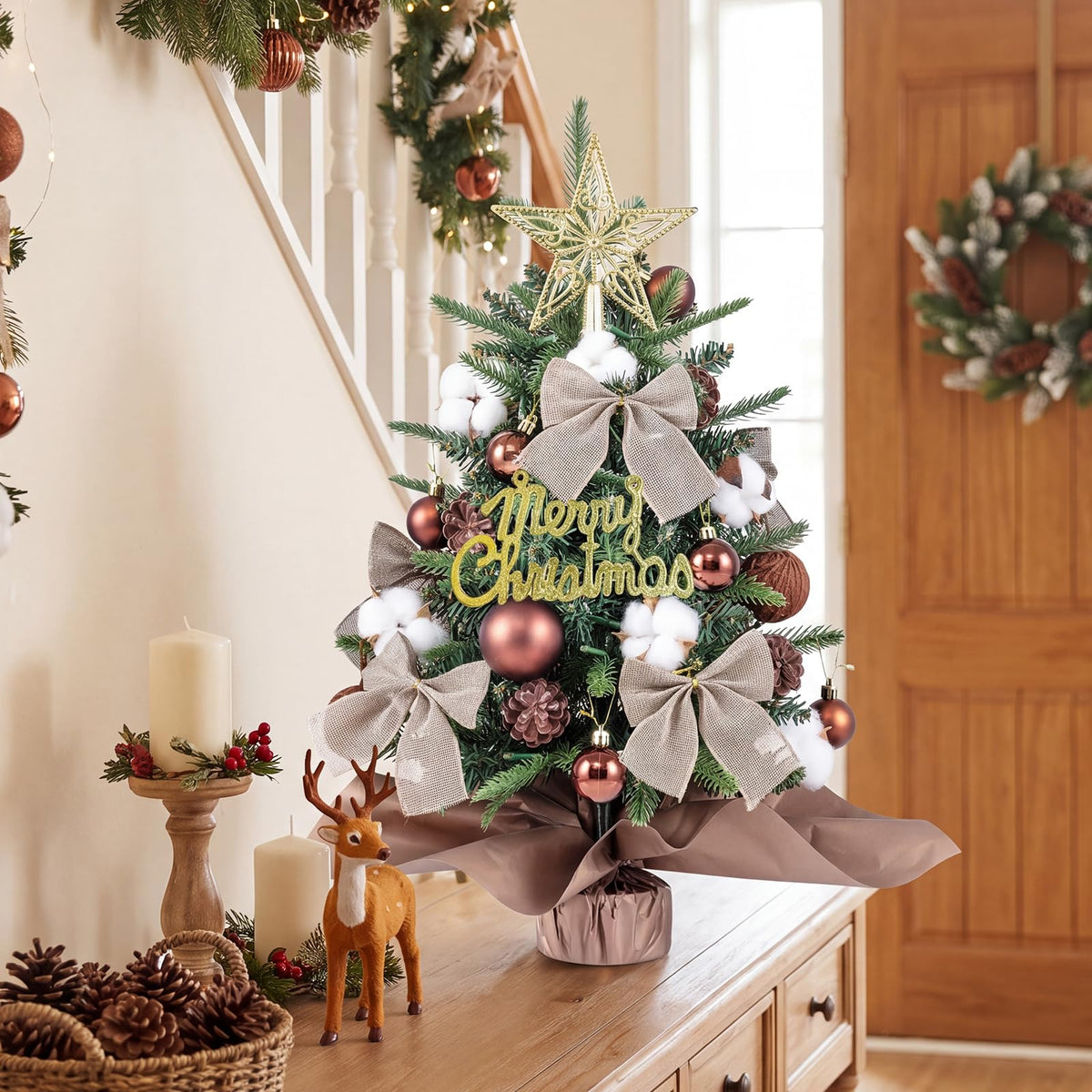 60CM Pre Lit Christmas Tree, 2FT Table Top Artificial Xmas Tree
