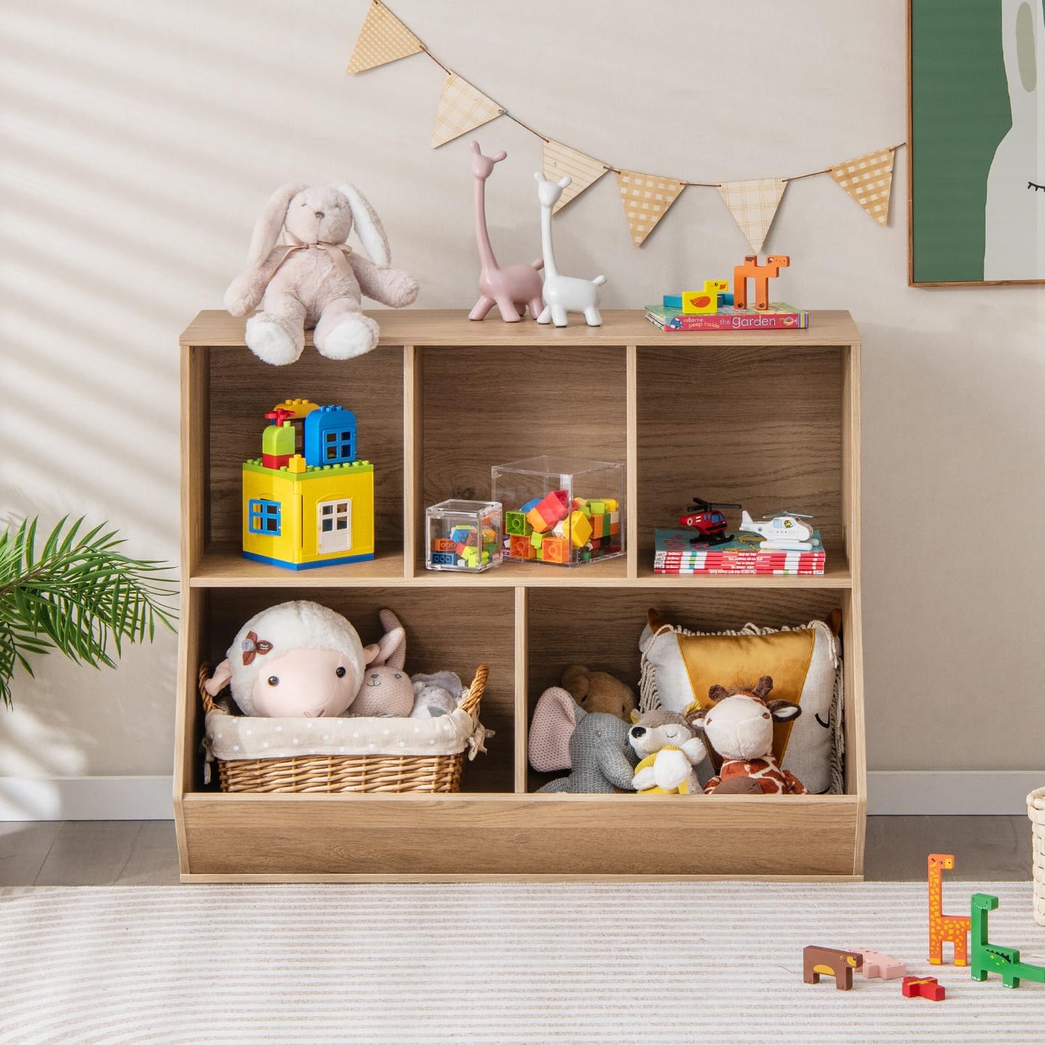 GYMAX Toy Storage Organizer, 5 Cubby Kids Storage Shelf Unit with Anti-Tipping Kits