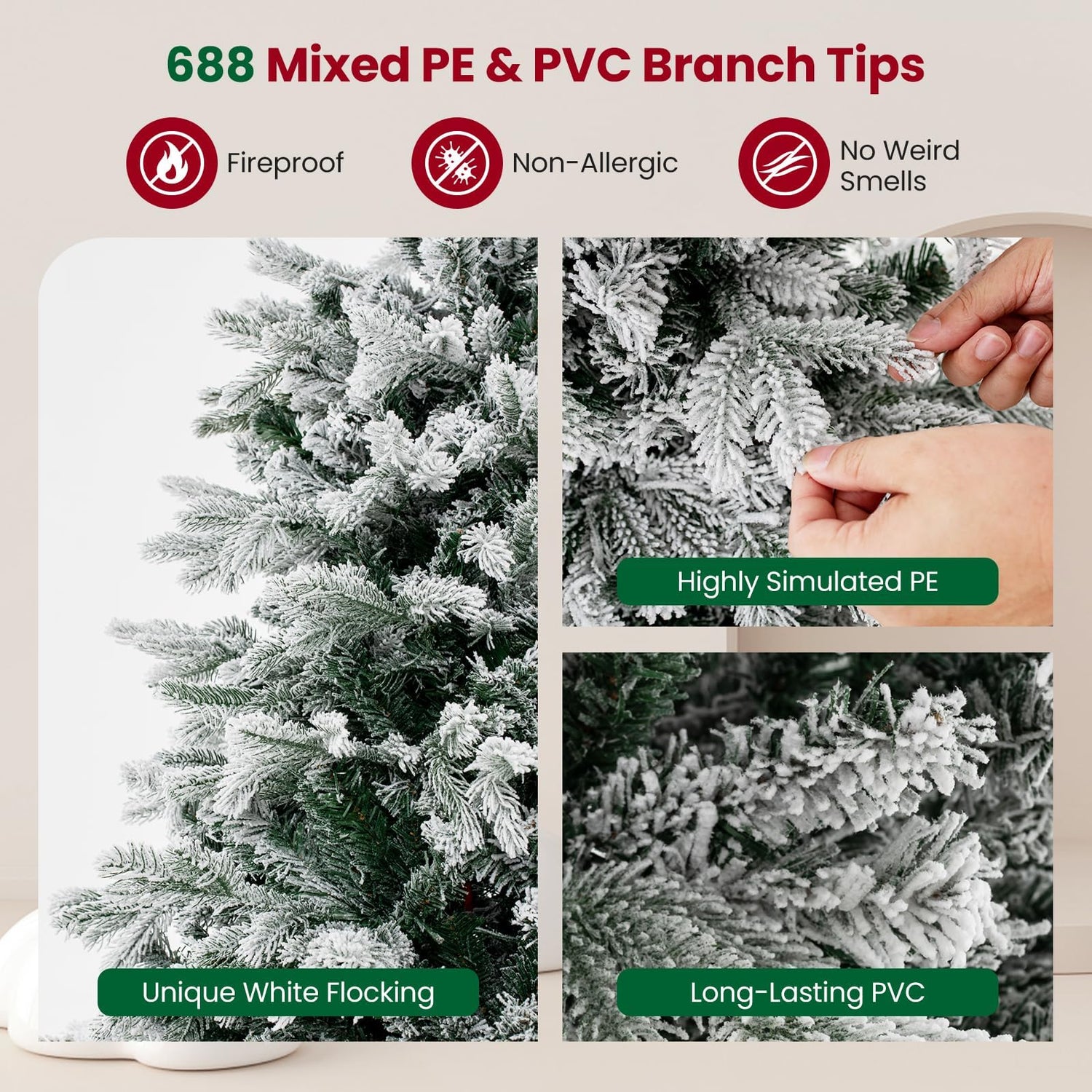 GYMAX 4.5FT/6FT Pre-lit Artificial Christmas Tree, Snow-flocked Hinged Xmas Tree with 200/350 Warm White LED Lights and 688/1022 Branch Tips
