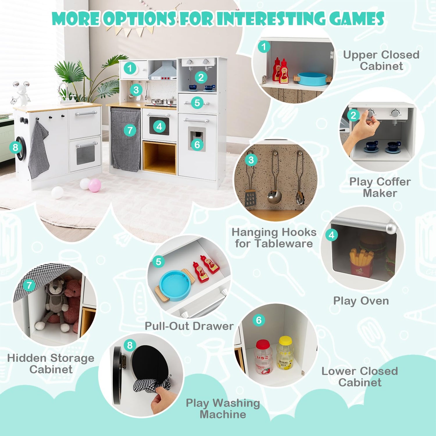 GYMAX Kids Play Kitchen, Wooden Corner Toy Kitchen with Washing Machine, Range Hood