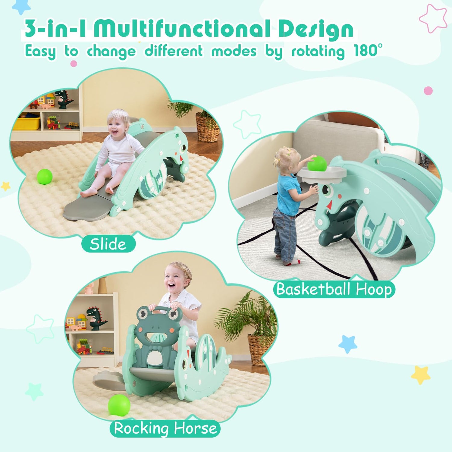 GYMAX Kids Rocking Horse, 3 in 1 Freestanding Slide with Basketball Hoop