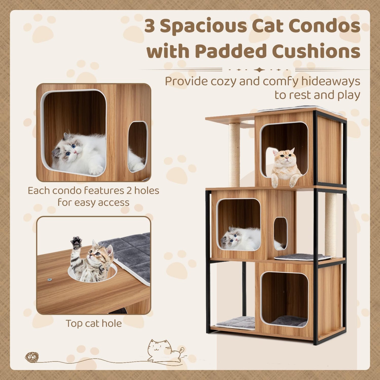 GYMAX Modern Cat Tree, 133cm Tall Cat Tower with Wooden Condo