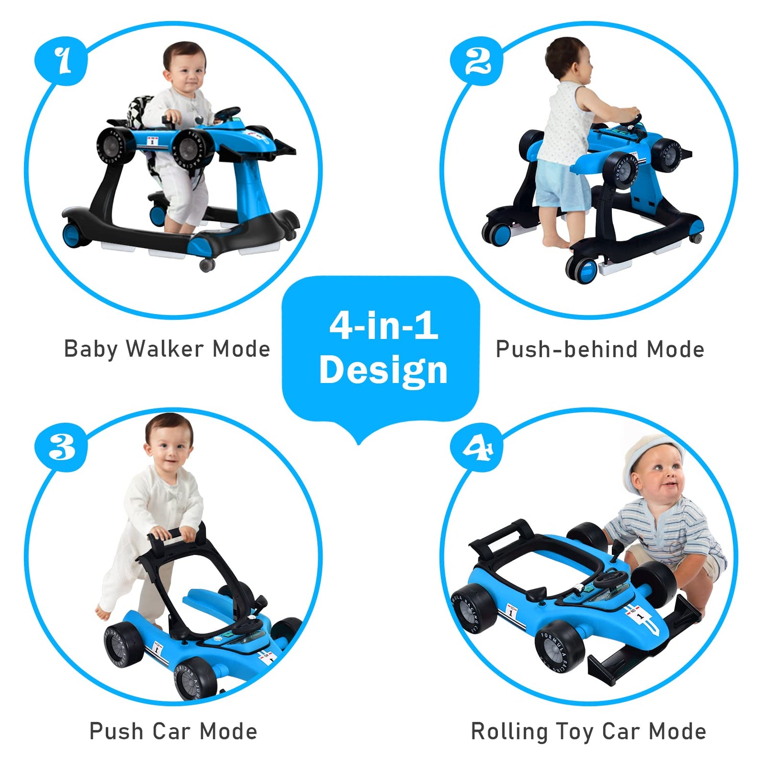 GYMAX Baby Walker, 4 in 1 Foldable Toddler Push Along Walker with Steering Wheel